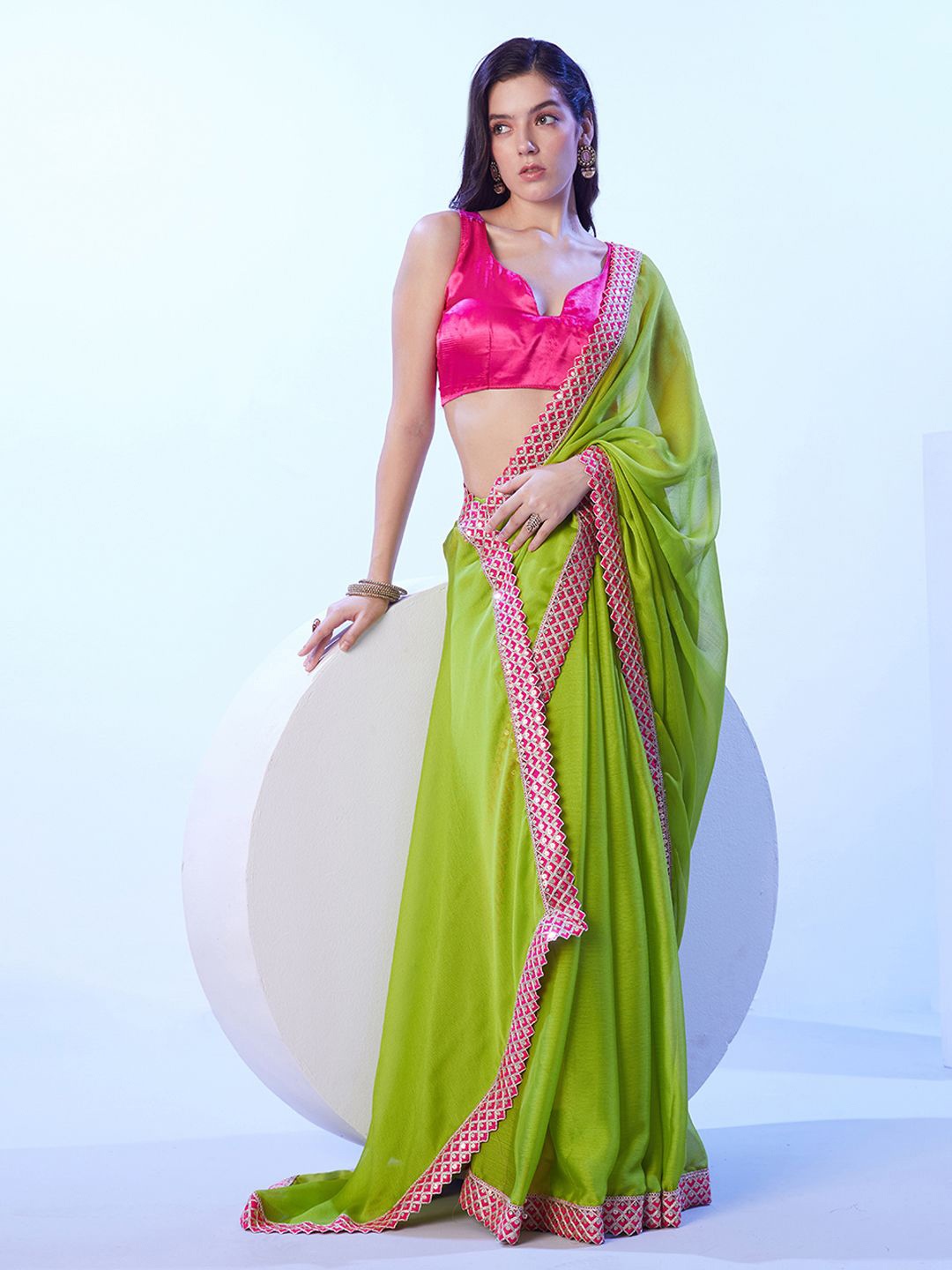 

Mitera Sequinned Pure Chiffon Saree, Fluorescent green