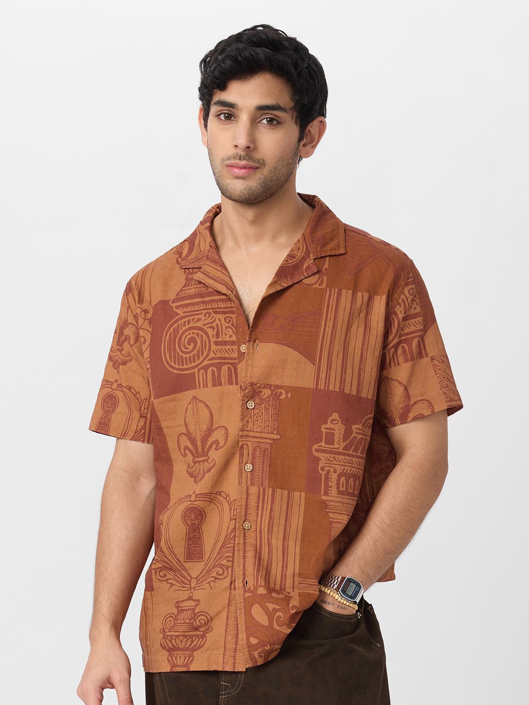 

The Souled Store Men Cuban Collar Graphic Printed Cotton Casual Shirt, Brown