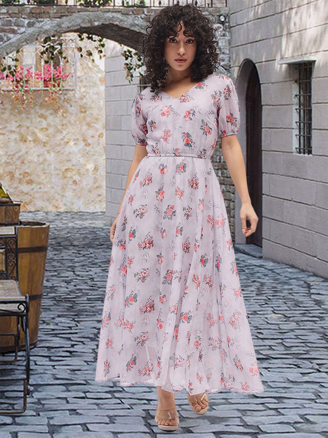 

DressBerry Floral Print Puff Sleeve Georgette A-Line Maxi Dress, Cream