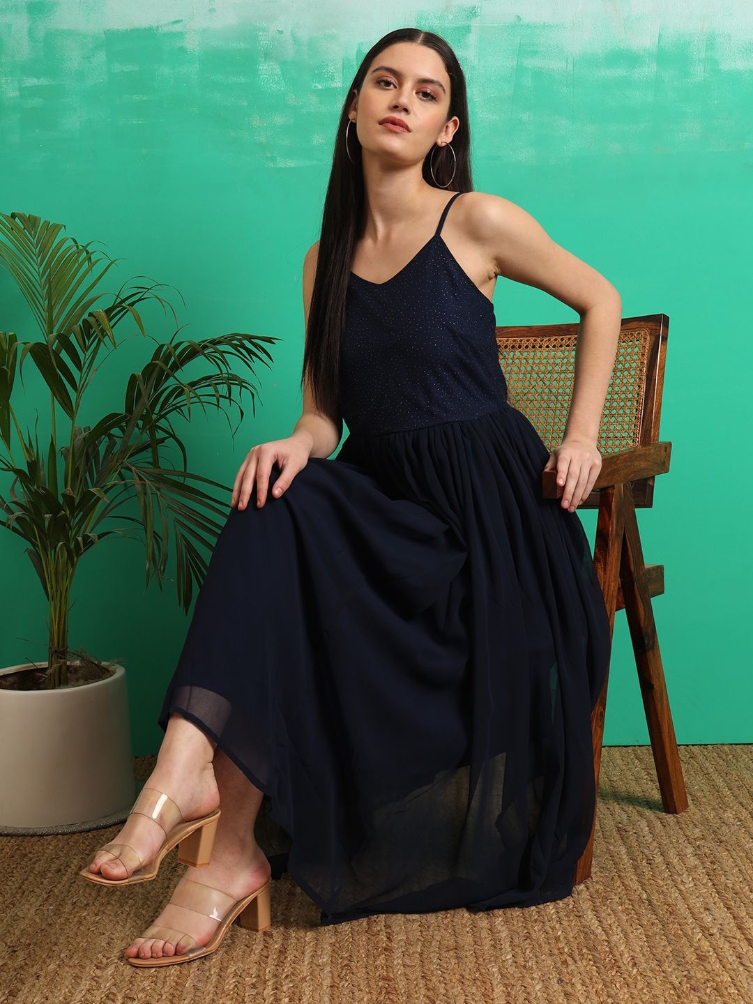 

Sangria Shoulder Strap Sleeveless Fit and Flare Midi Dress, Navy blue