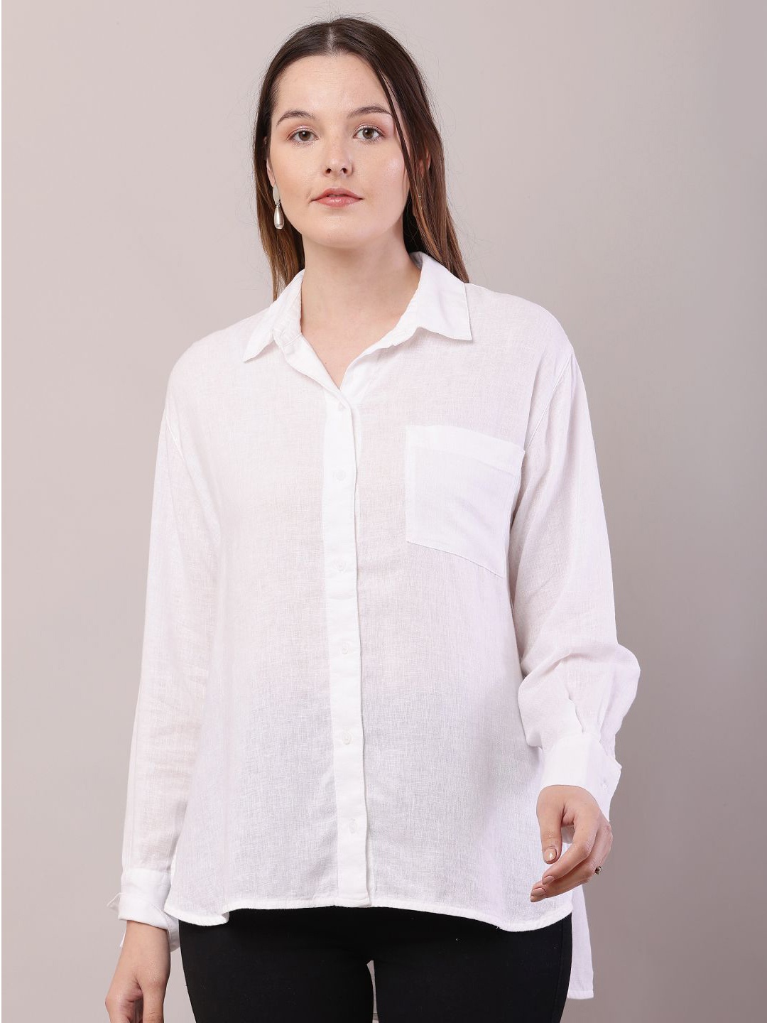

NoBarr Women Spread Collar Solid Linen Casual Shirt, White