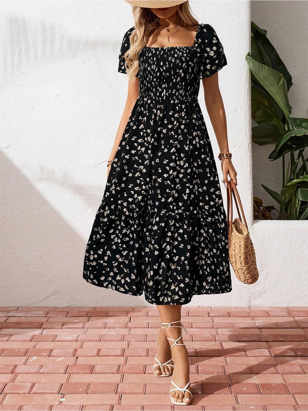 

StyleCast Printed Smocked Fit & Flare Midi Dress, Black