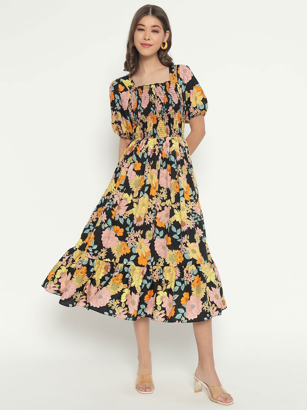 

Raiyani Enterprise Women Floral Printed Square Neck Fit & Flare Midi Dress, Black