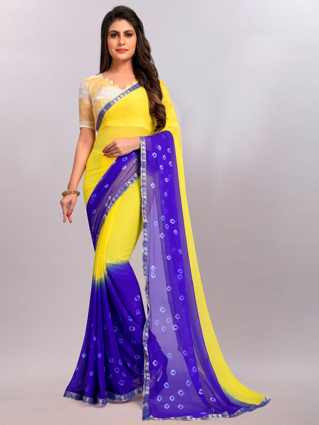 

A TO Z CART Bandhani Printed Pure Chiffon Half and Half Saree, Yellow