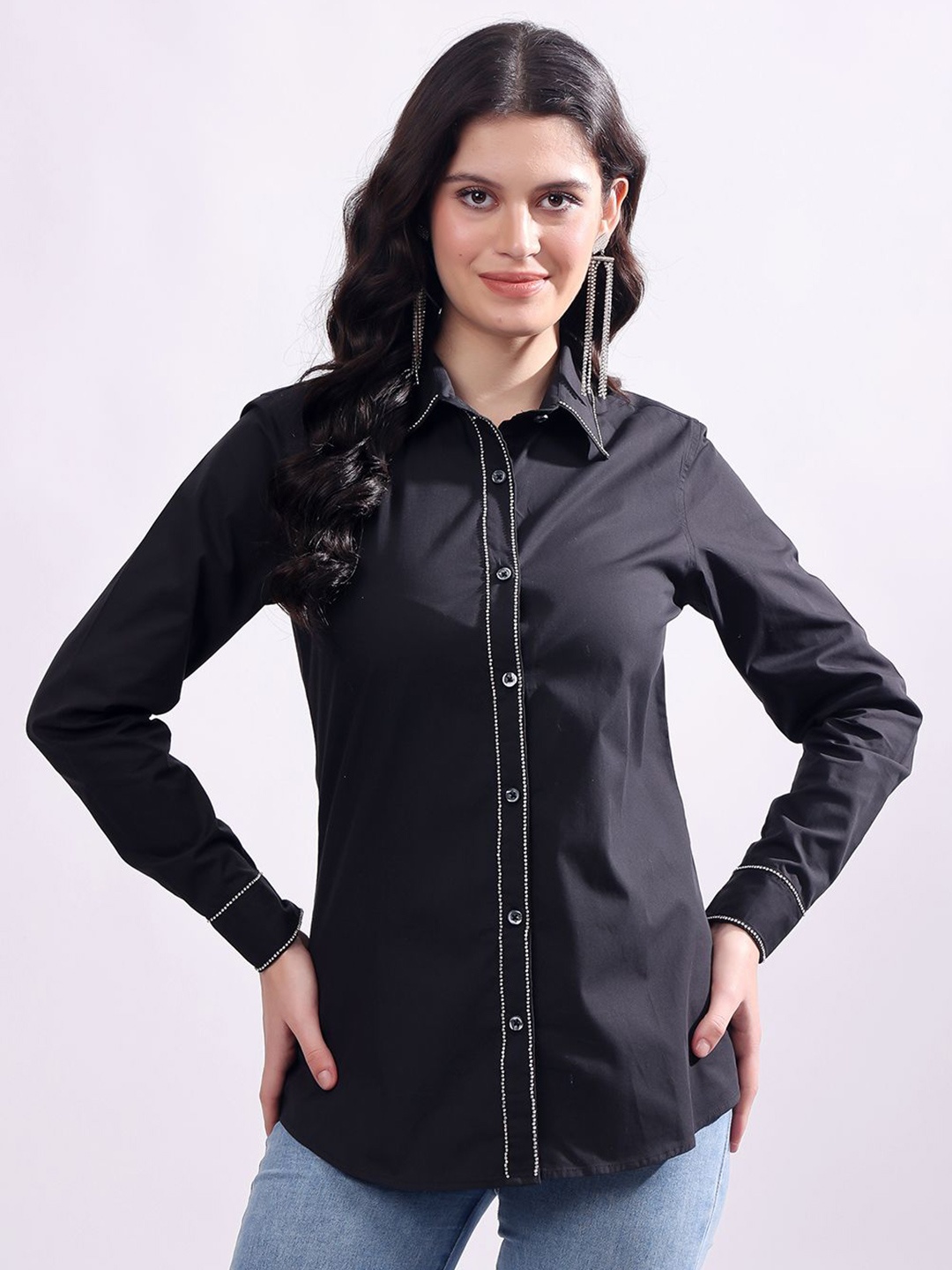 

T TRYON ULTIMATE Women Classic Spread Collar Solid Cotton Casual Shirt, Black