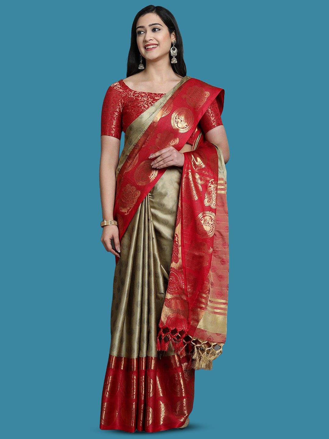 

yourwish Embellished Zari Gadwal Saree, Beige