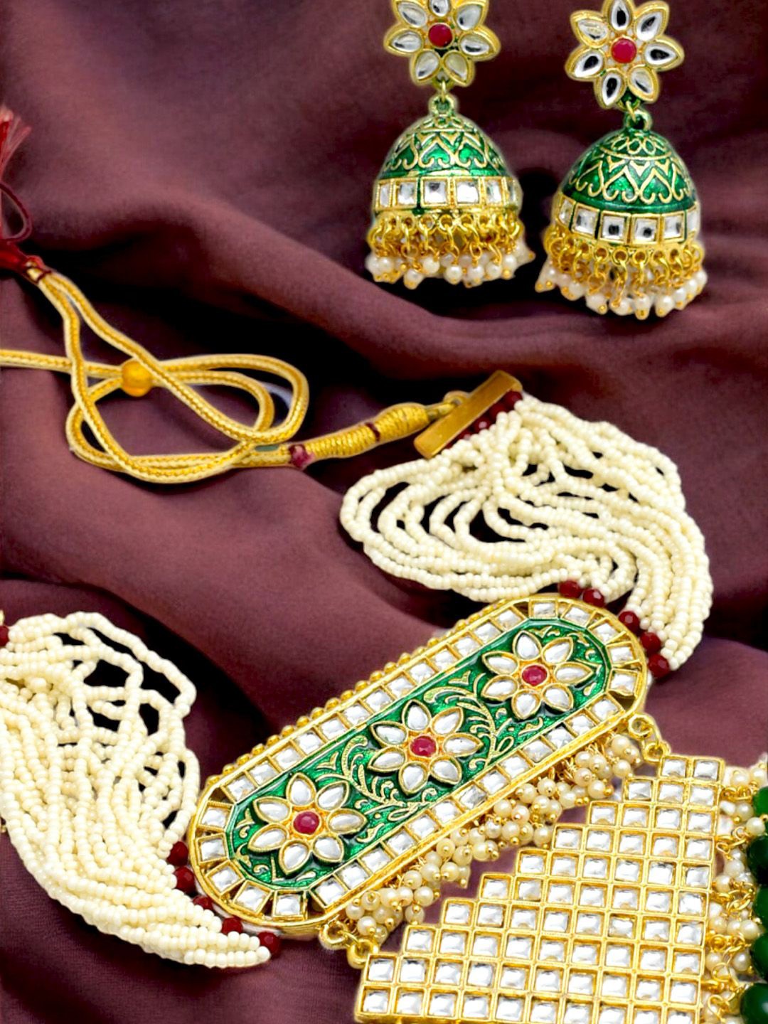 

TISHUL JEWELS Gold-Plated Stone-Studded & Beaded Meenakari Jewellery Set