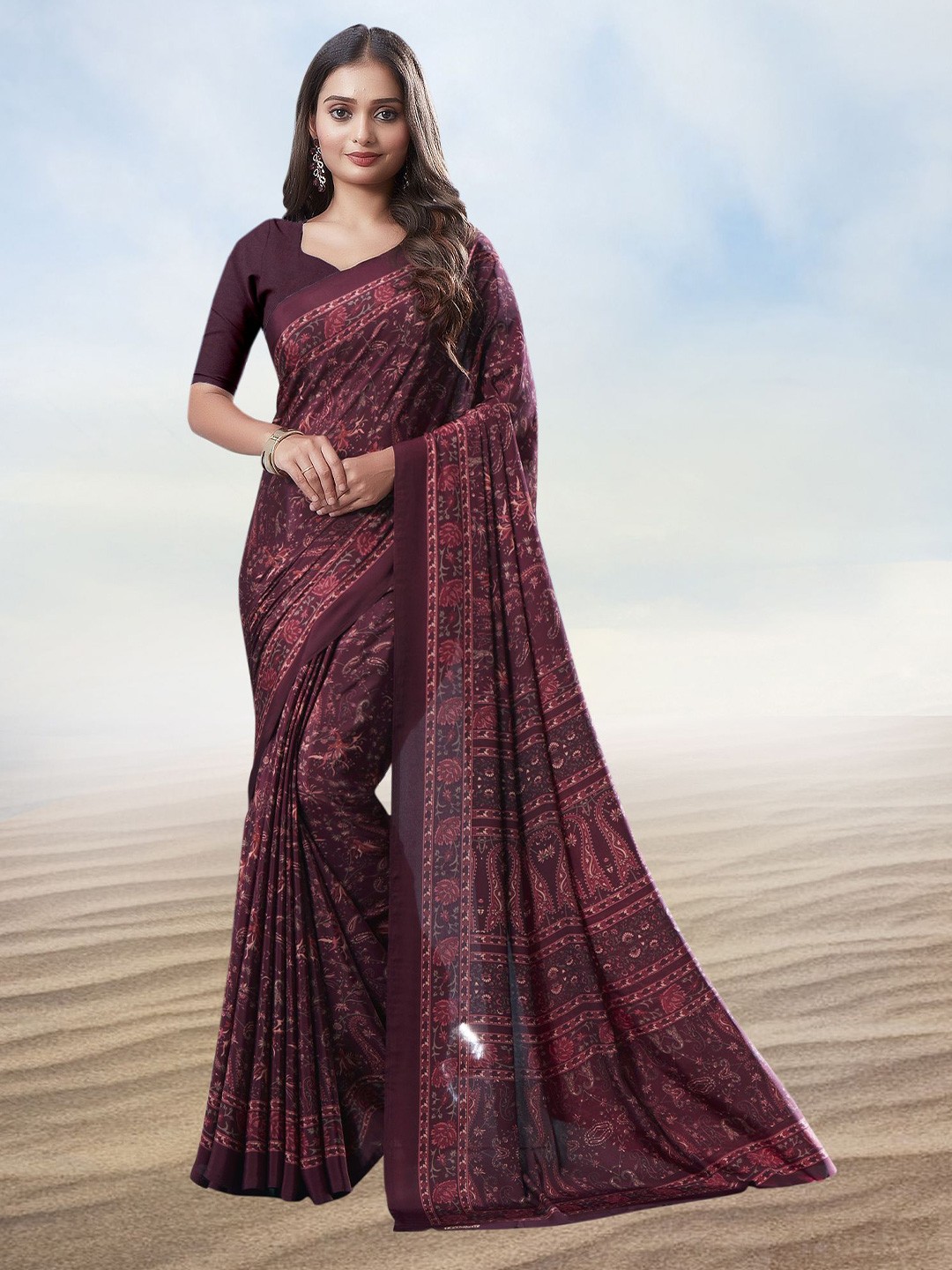 

Kasak Floral Pure Crepe Saree, Purple