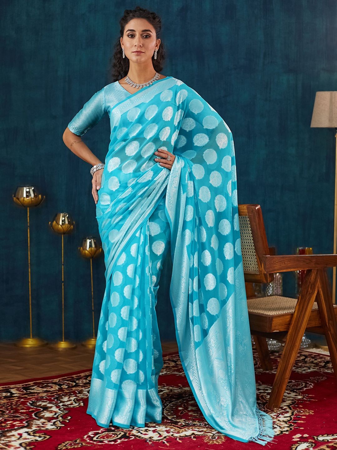 

Satrani Woven Design Embroidered Pure Georgette Saree, Blue