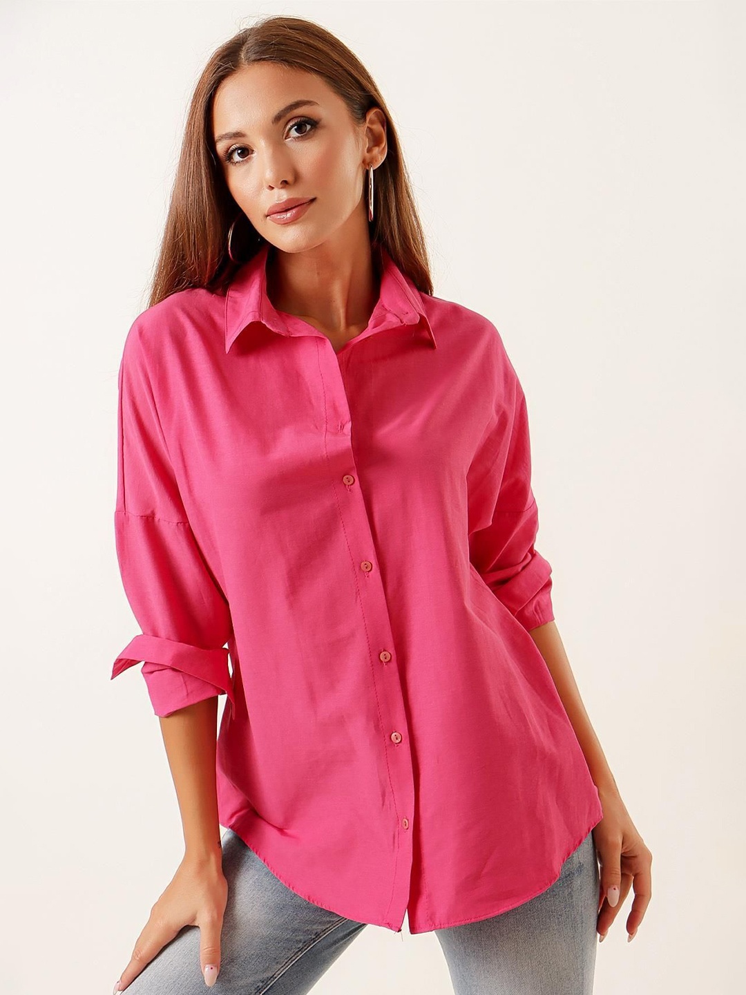 

WHY SO FAB Women Comfort Oversized Fit Spread Collar Solid Cotton Casual Shirt, Pink