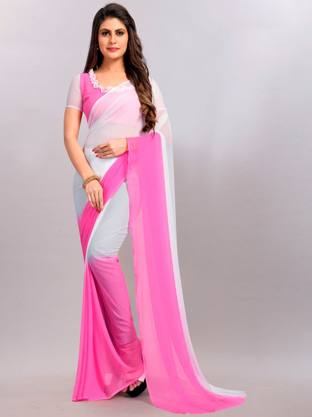 

A TO Z CART Ombre Pure Chiffon Half and Half Saree, Pink