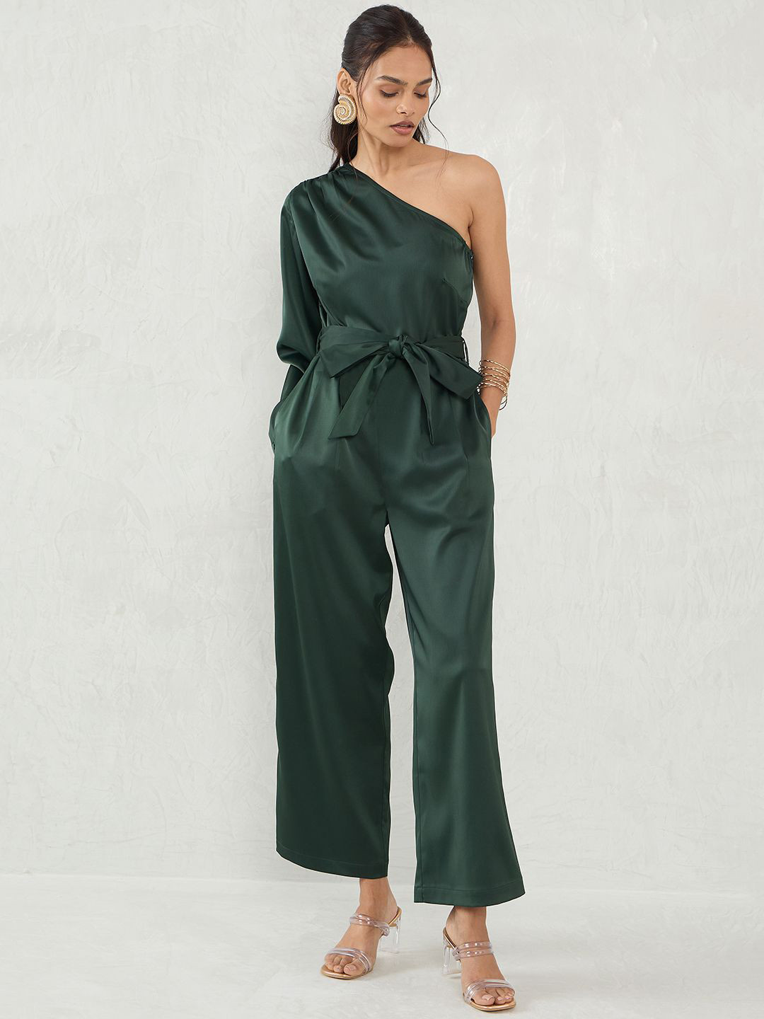 

FEMMELLA Satin One Shoulder Basic Jumpsuit, Green
