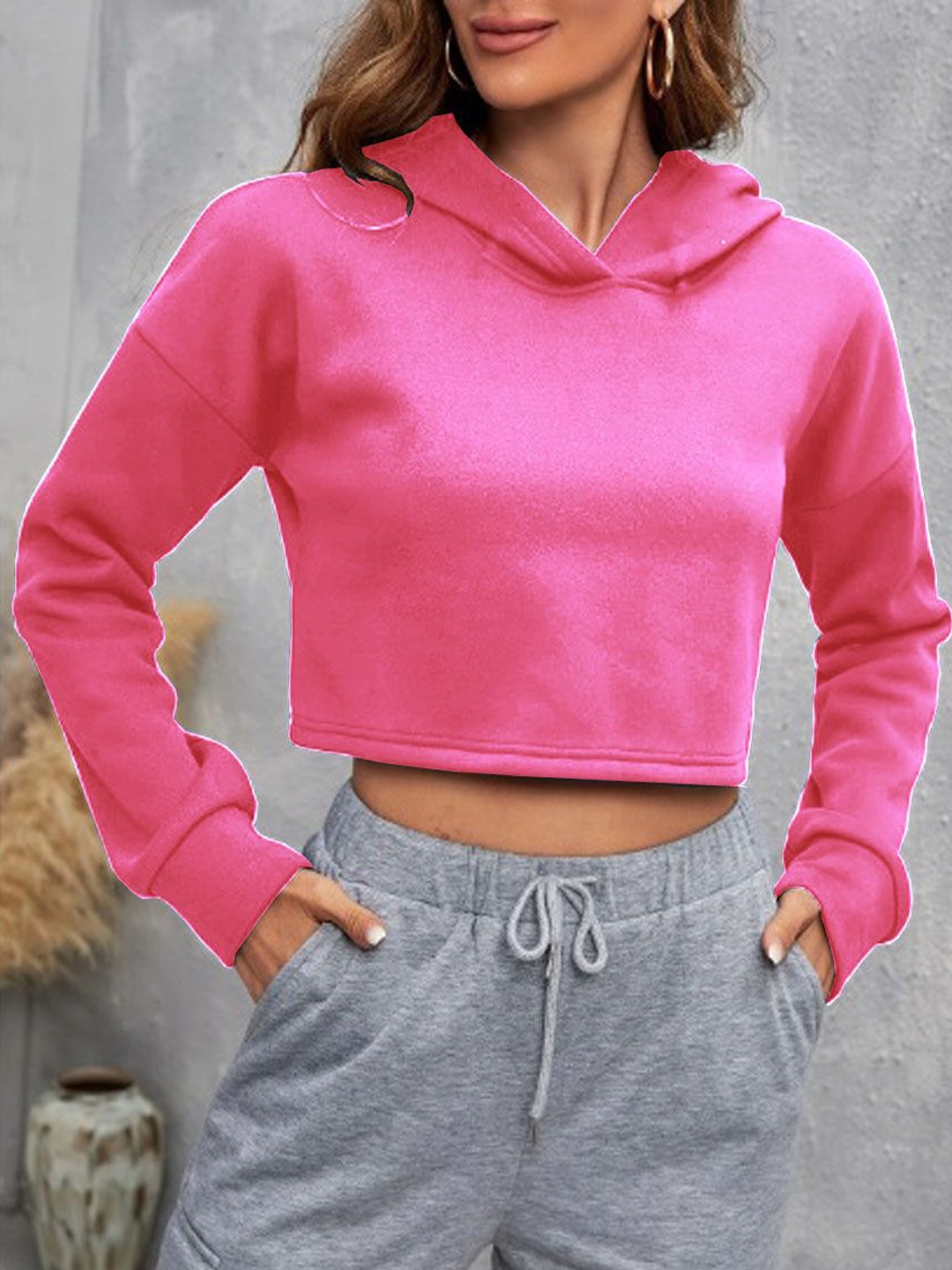 

kintu parantu Women Hooded Crop Sweatshirt, Pink