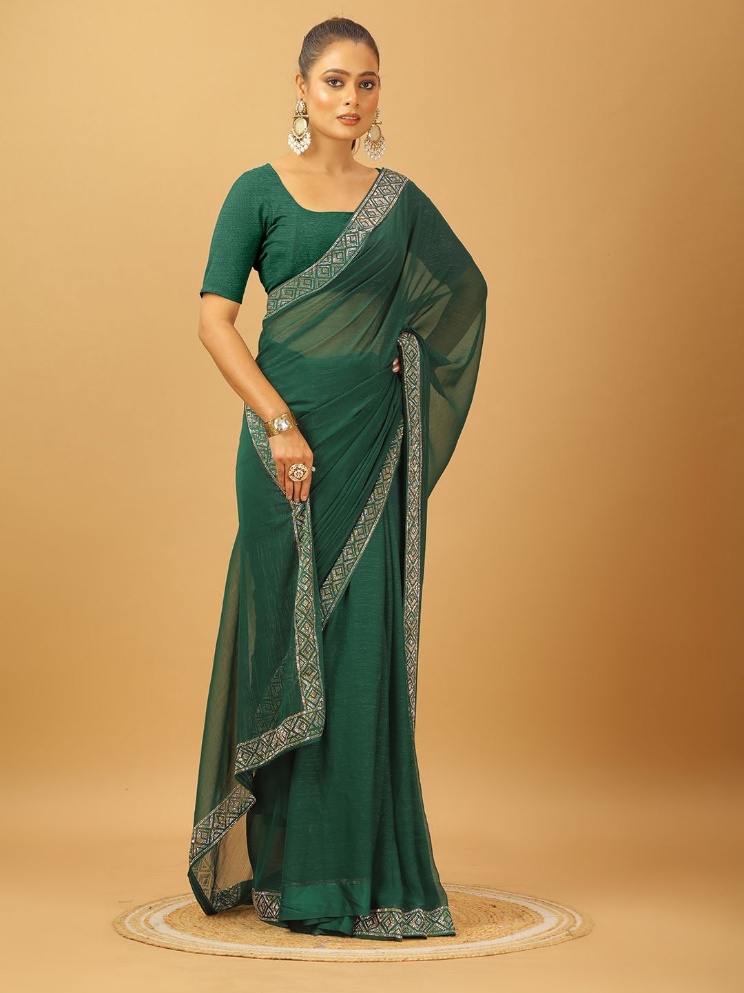 

NIRMAL CREATION Beads and Stones Pure Chiffon Saree, Green