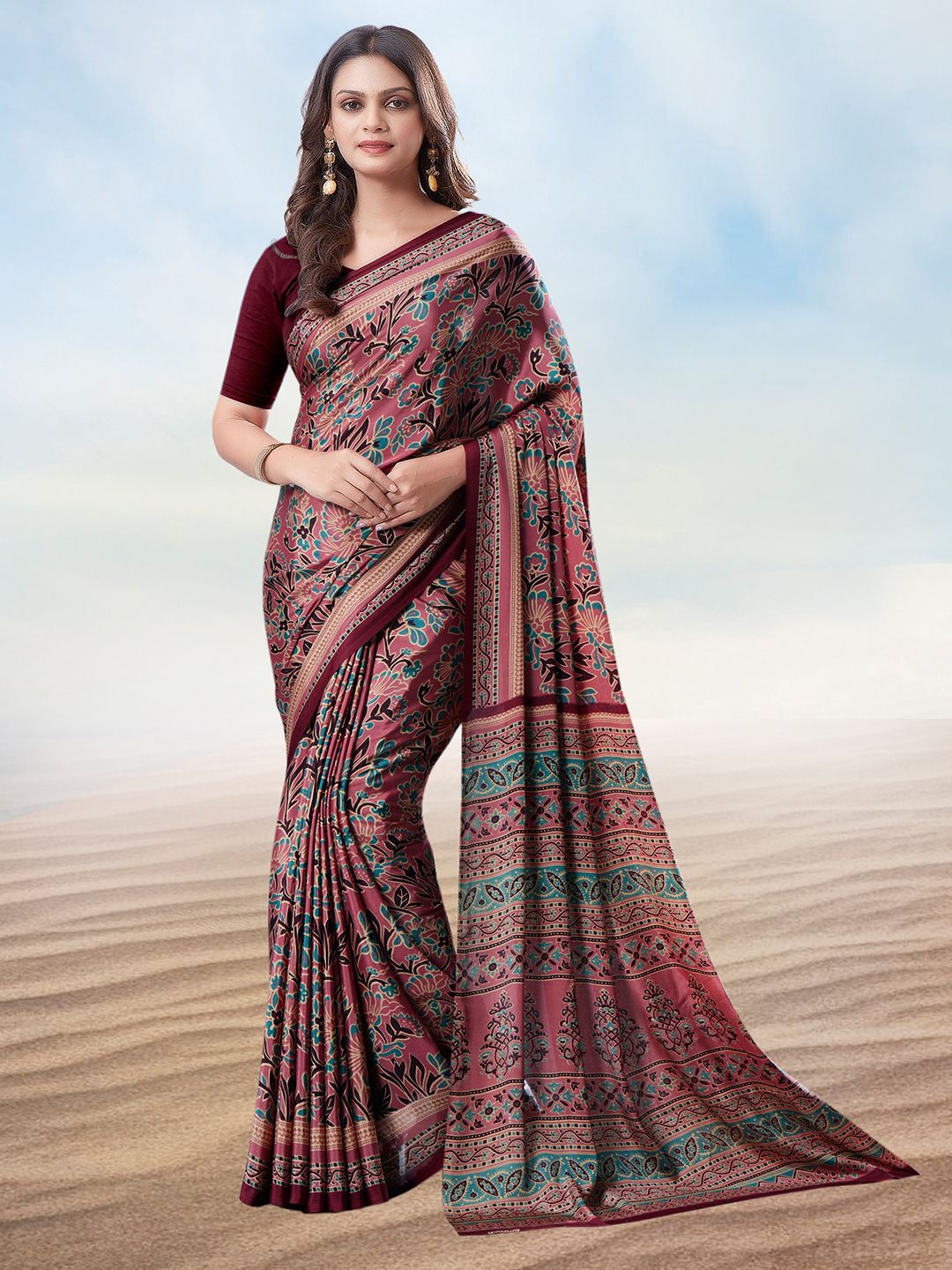 

Kasak Floral Pure Crepe Saree, Brown