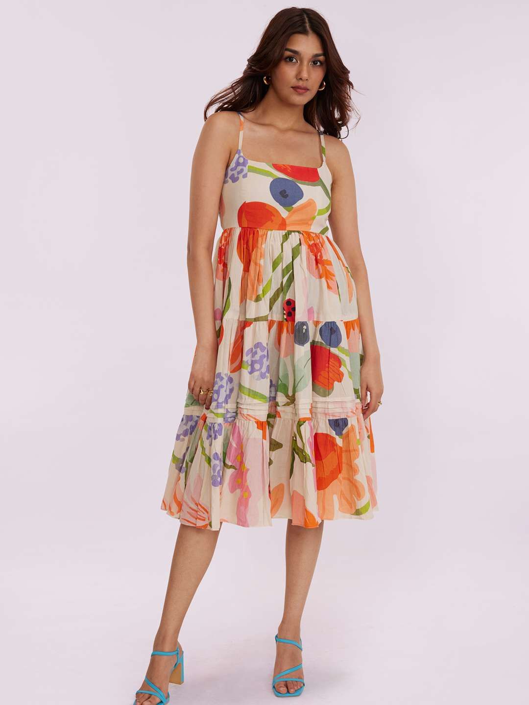 

POPPI Floral Print Empire Dress, Beige