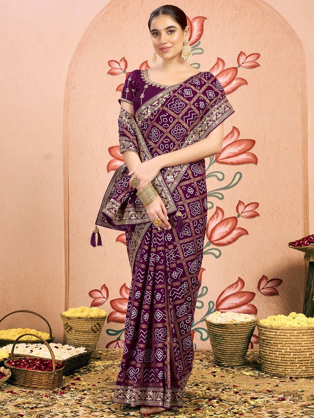 

Satrani Bandhani Embroidered Pure Georgette Bandhani Saree, Purple