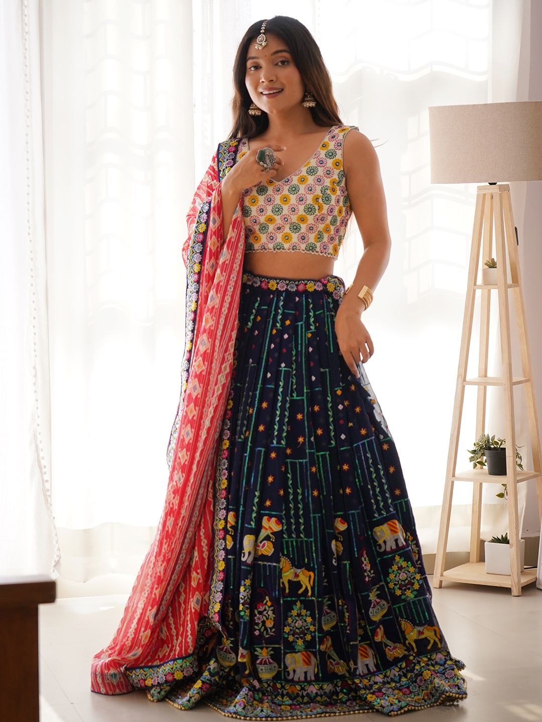 

Panzora Embroidered Sequinned Semi-Stitched Lehenga & Unstitched Blouse With Dupatta, Blue