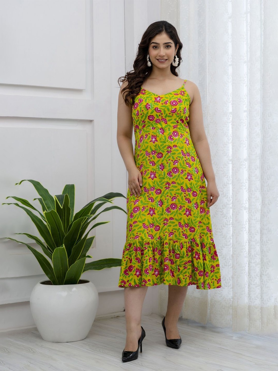 

Demirner Floral Print Fit & Flare Midi Dress, Yellow