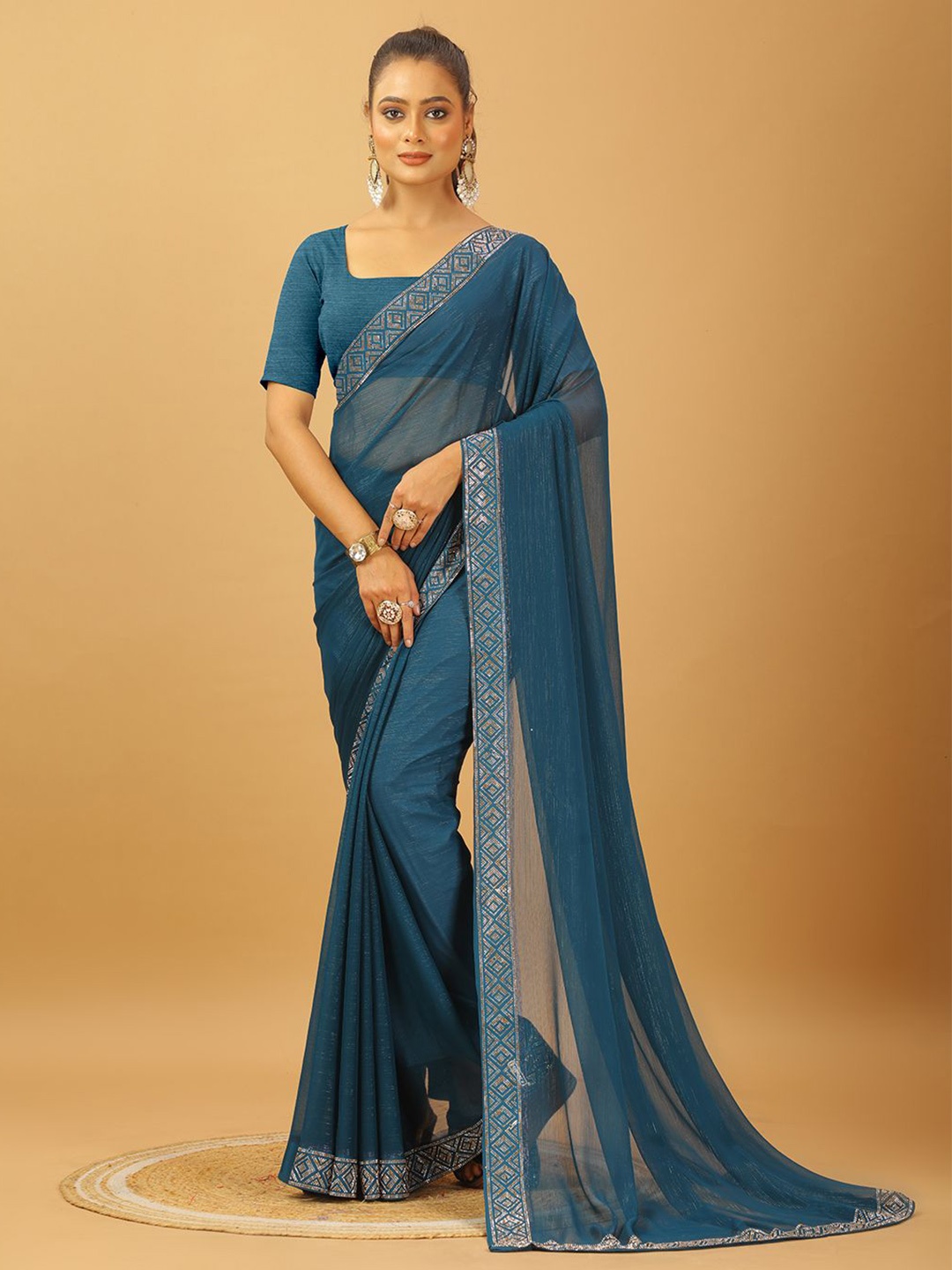 

A.V.M. SILK MILLS Beads and Stones Pure Chiffon Saree, Turquoise blue