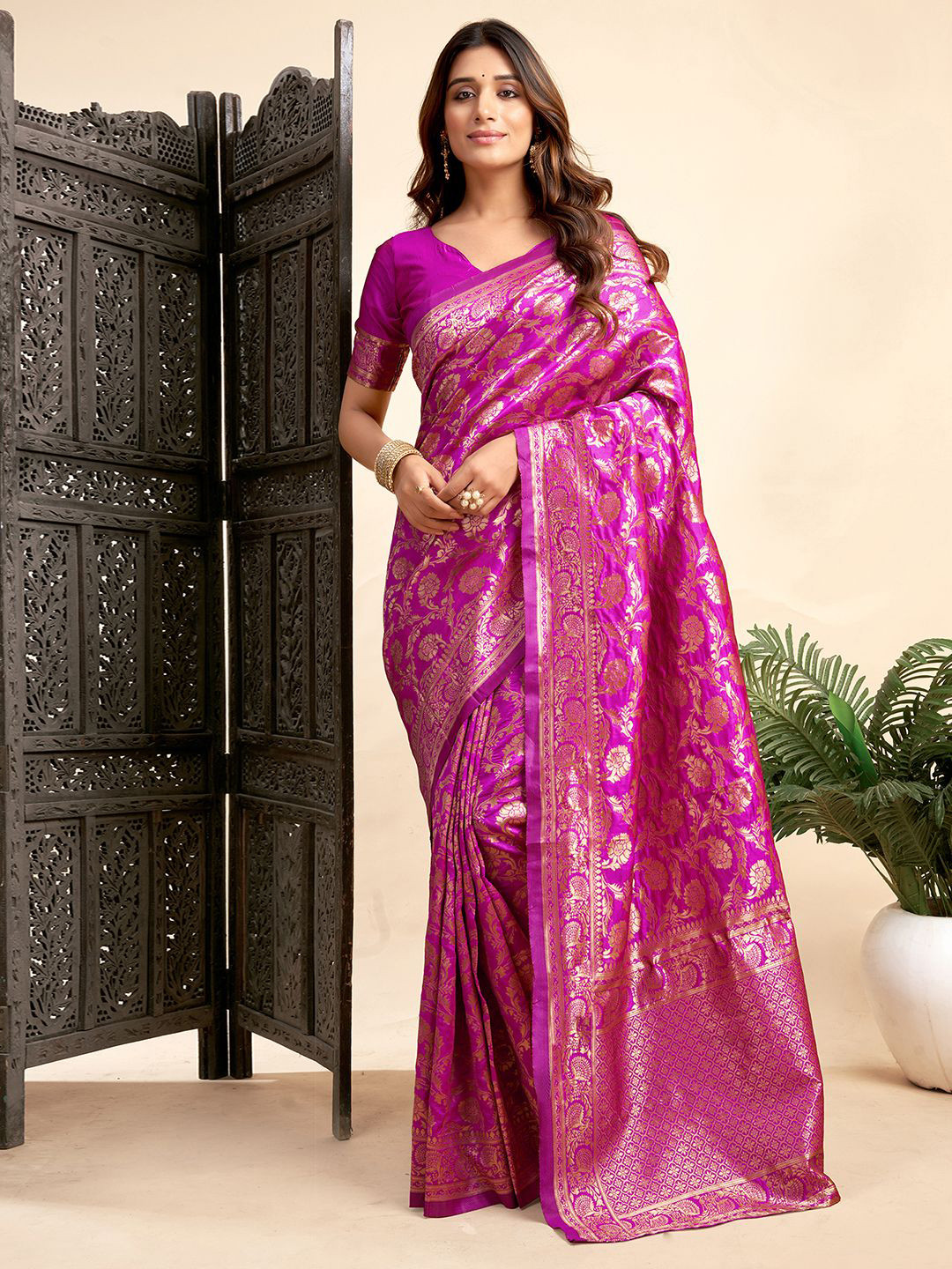 

KALINI Ethnic Motifs Zari Banarasi Saree, Pink