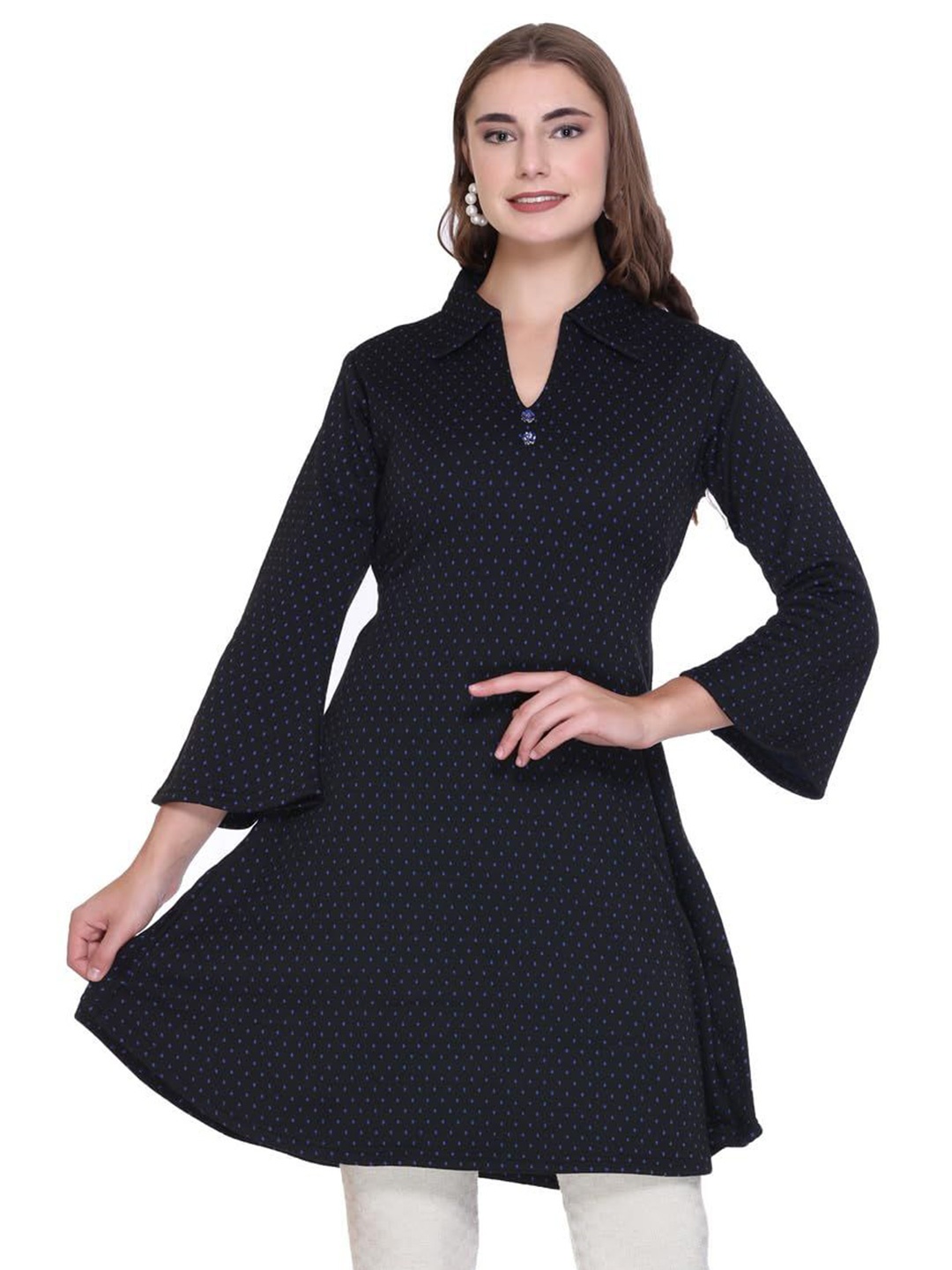 

ROSARY Winter Ethnic Motifs Printed V-Neck Acrylic Jacquard Empire Anarkali Kurti, Navy blue