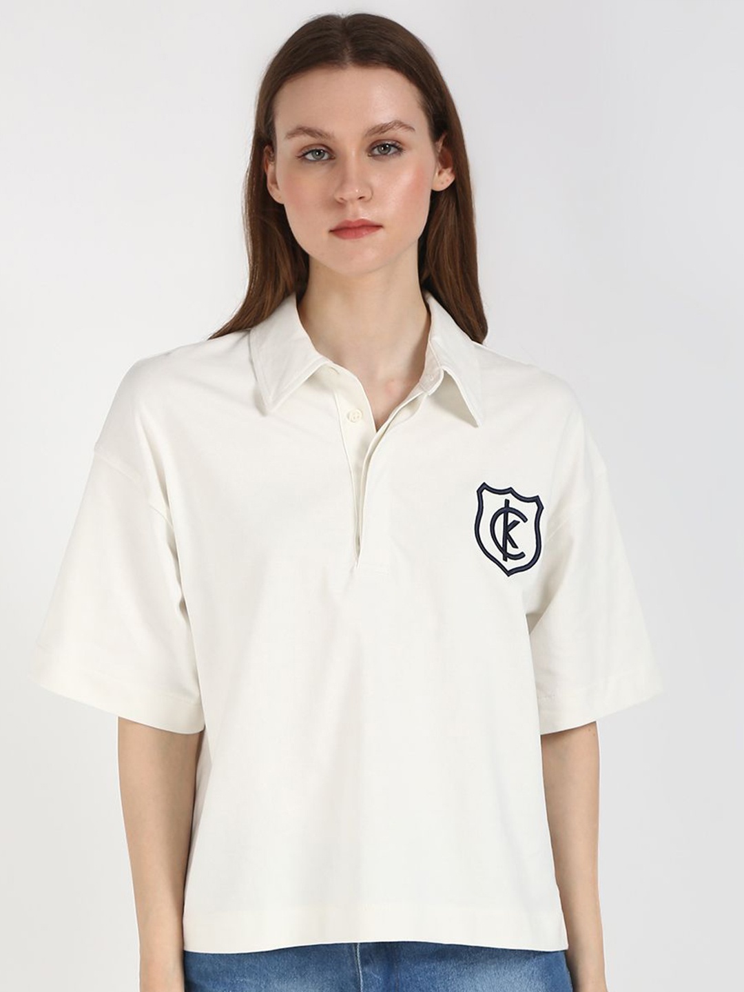 

Calvin Klein Jeans Women Embroidered Polo Collar Cotton T-Shirt, Beige
