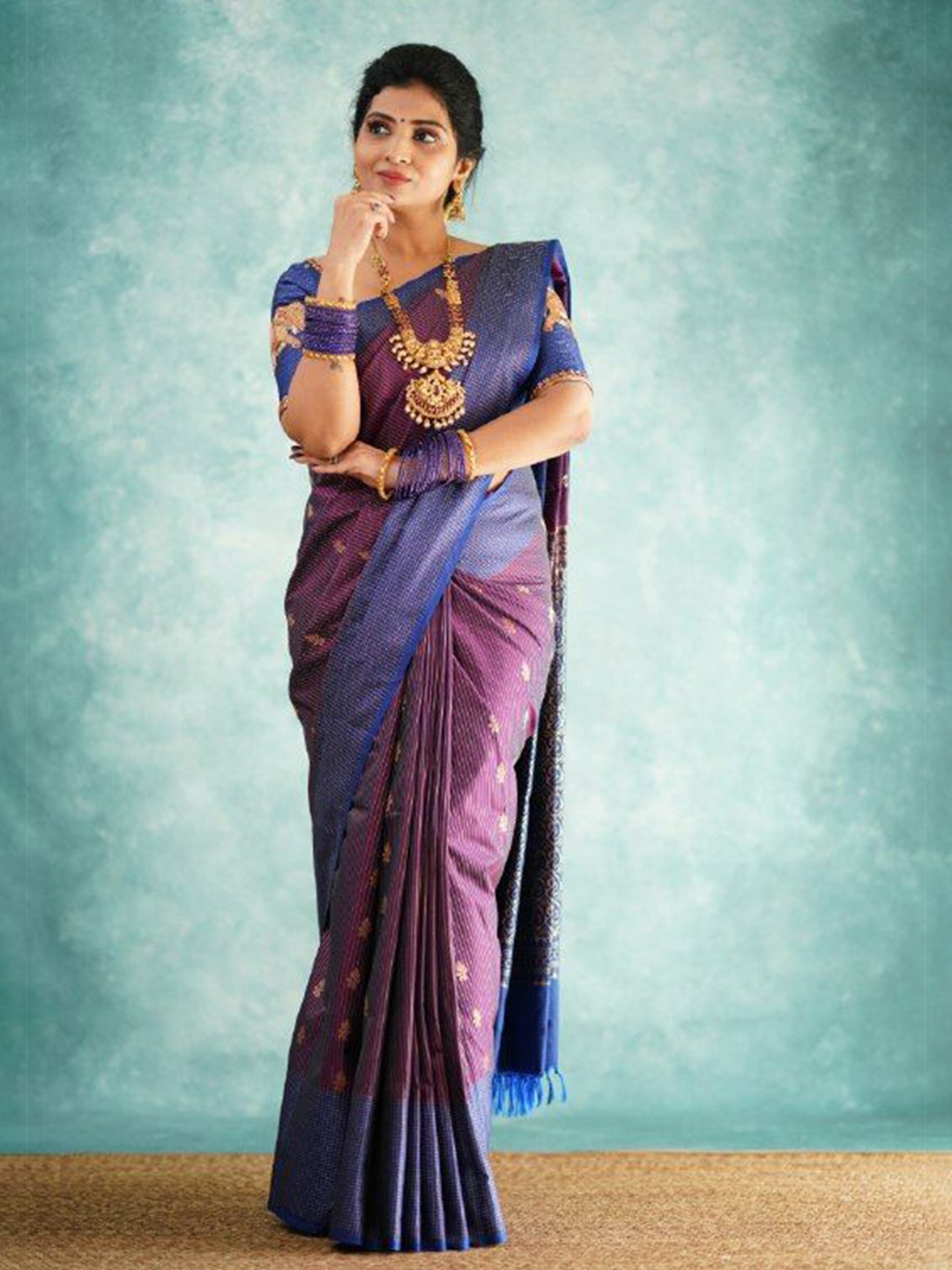

bansari textiles Ethnic Motifs Zari Kanjeevaram Saree, Purple