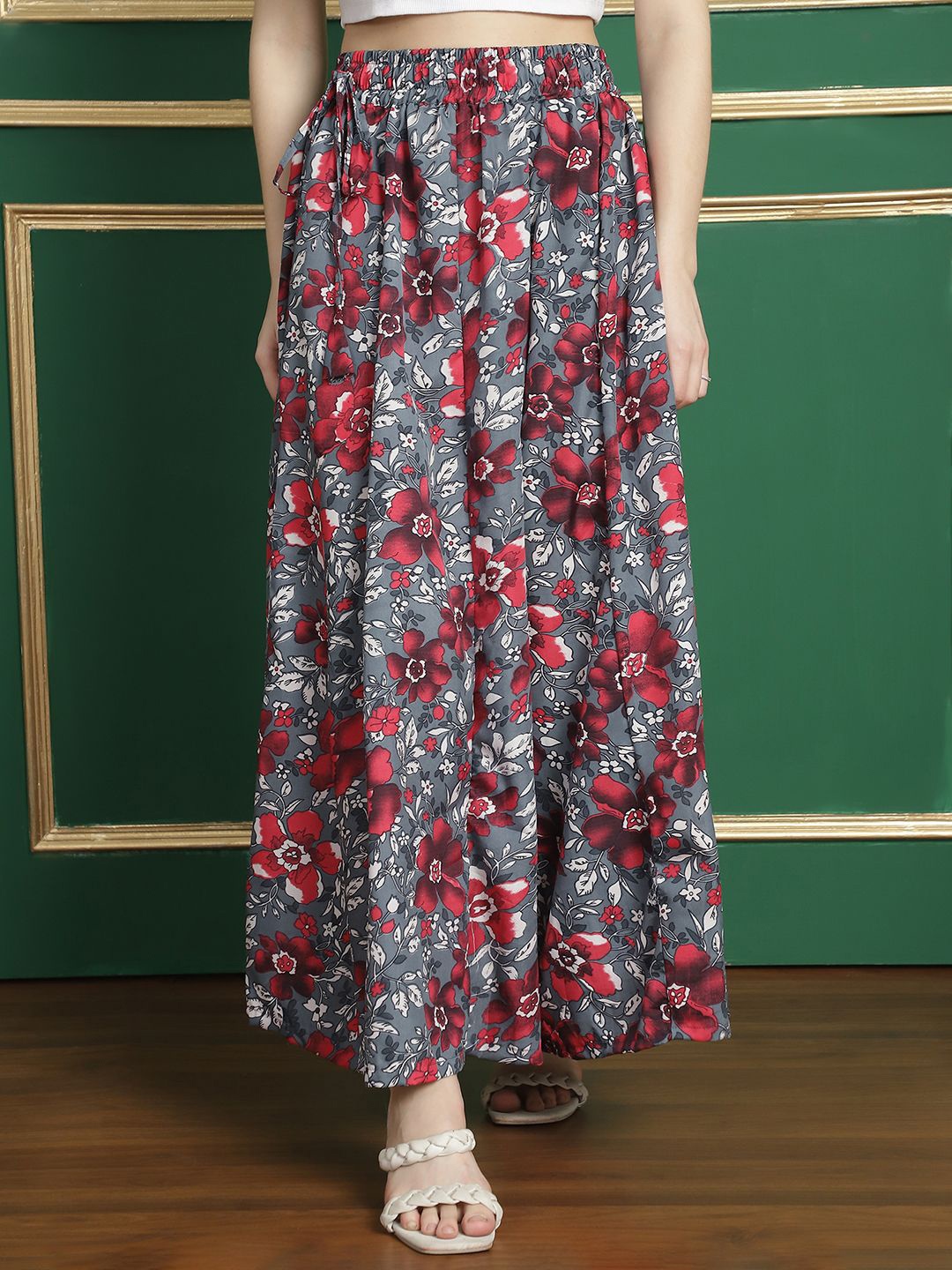 

Valles365 by S.C. Women Floral Printed Flared Crepe Palazzos, Grey