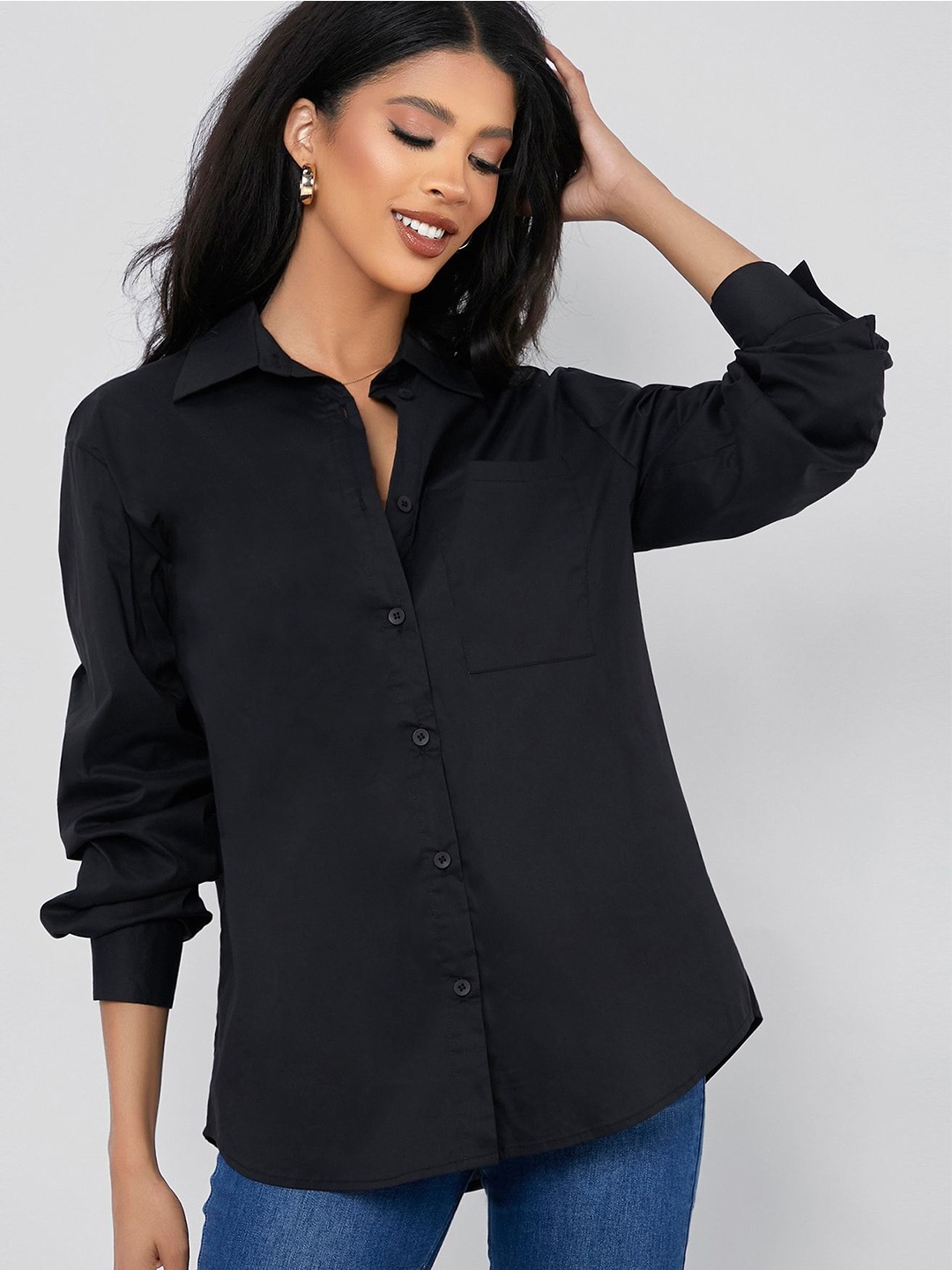 

WHY SO FAB Women Comfort Fit Spread Collar Solid Cotton Casual Shirt, Black