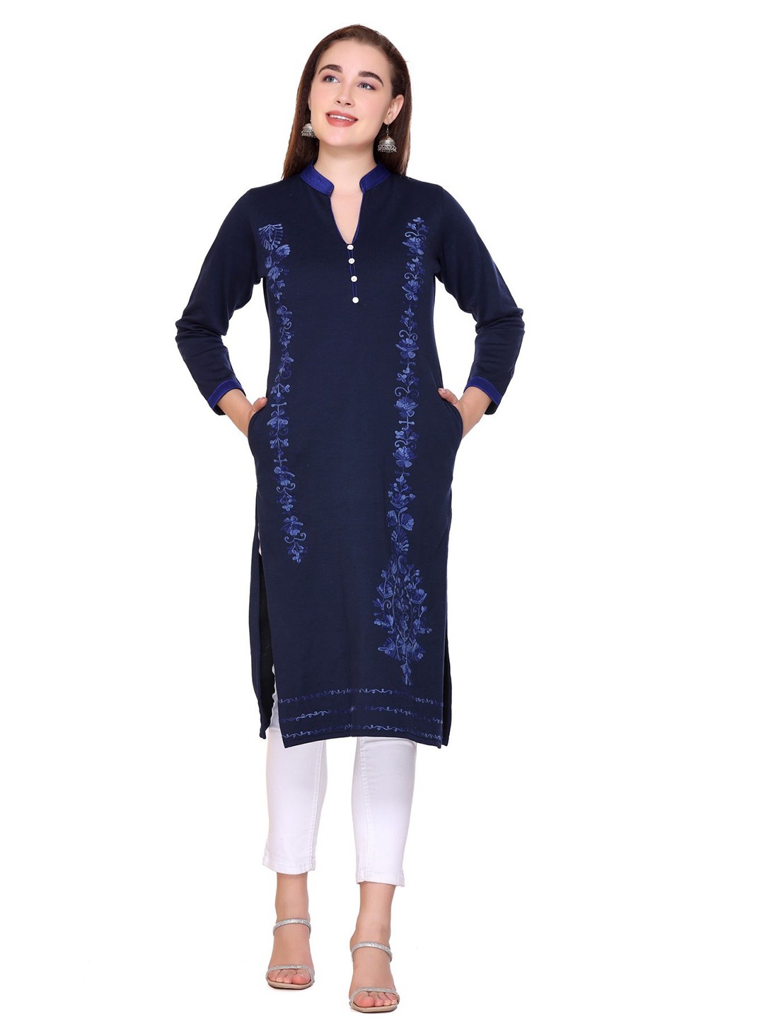 

ROSARY Winter Women Floral Embroidered Mandarin Collar Neck Kurta, Navy blue