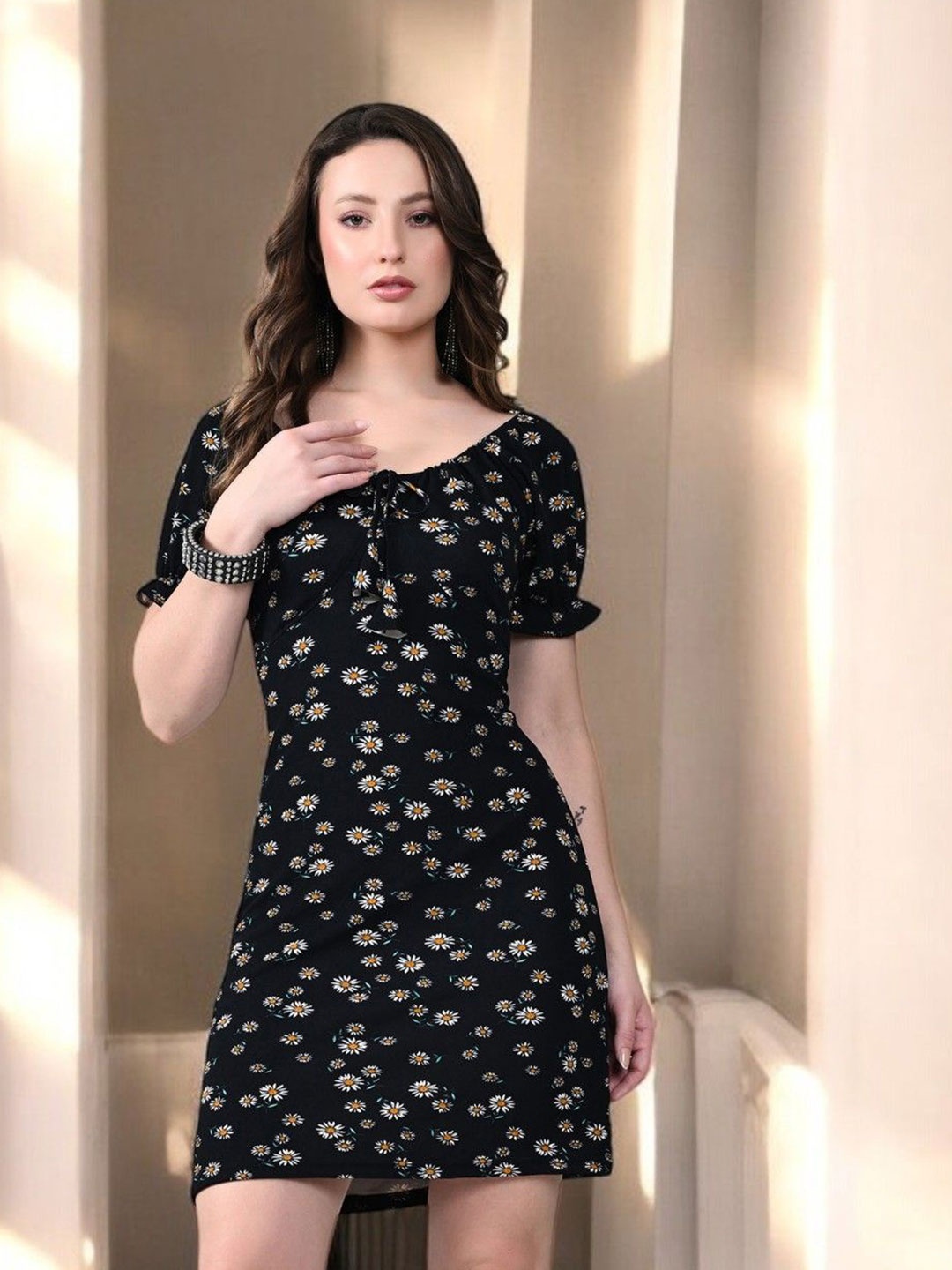 

BAESD Women Floral Printed Mini Bodycon Dress, Black