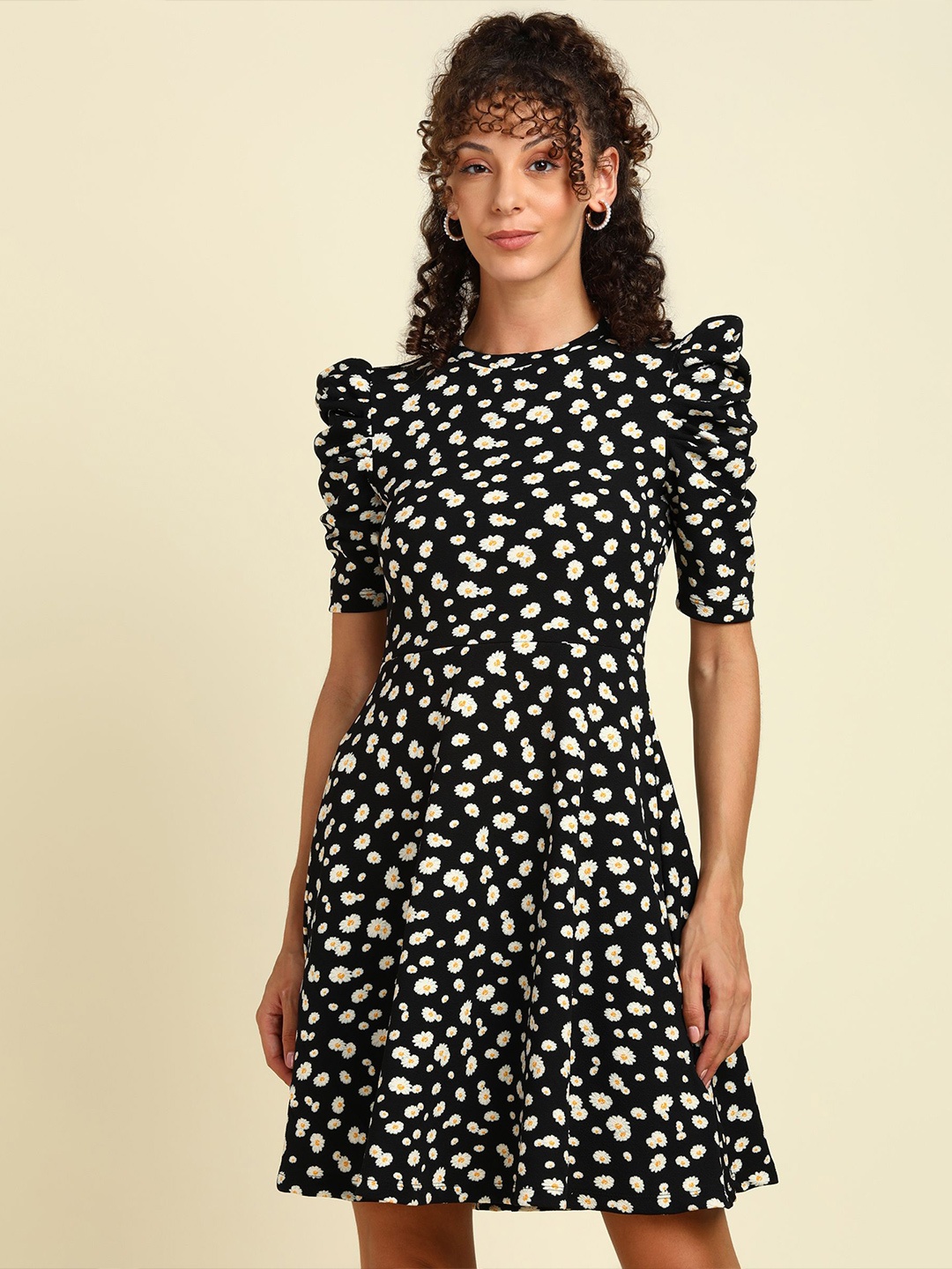 

SAFFE Women Floral Printed Fit & Flare Mini Dress, Black