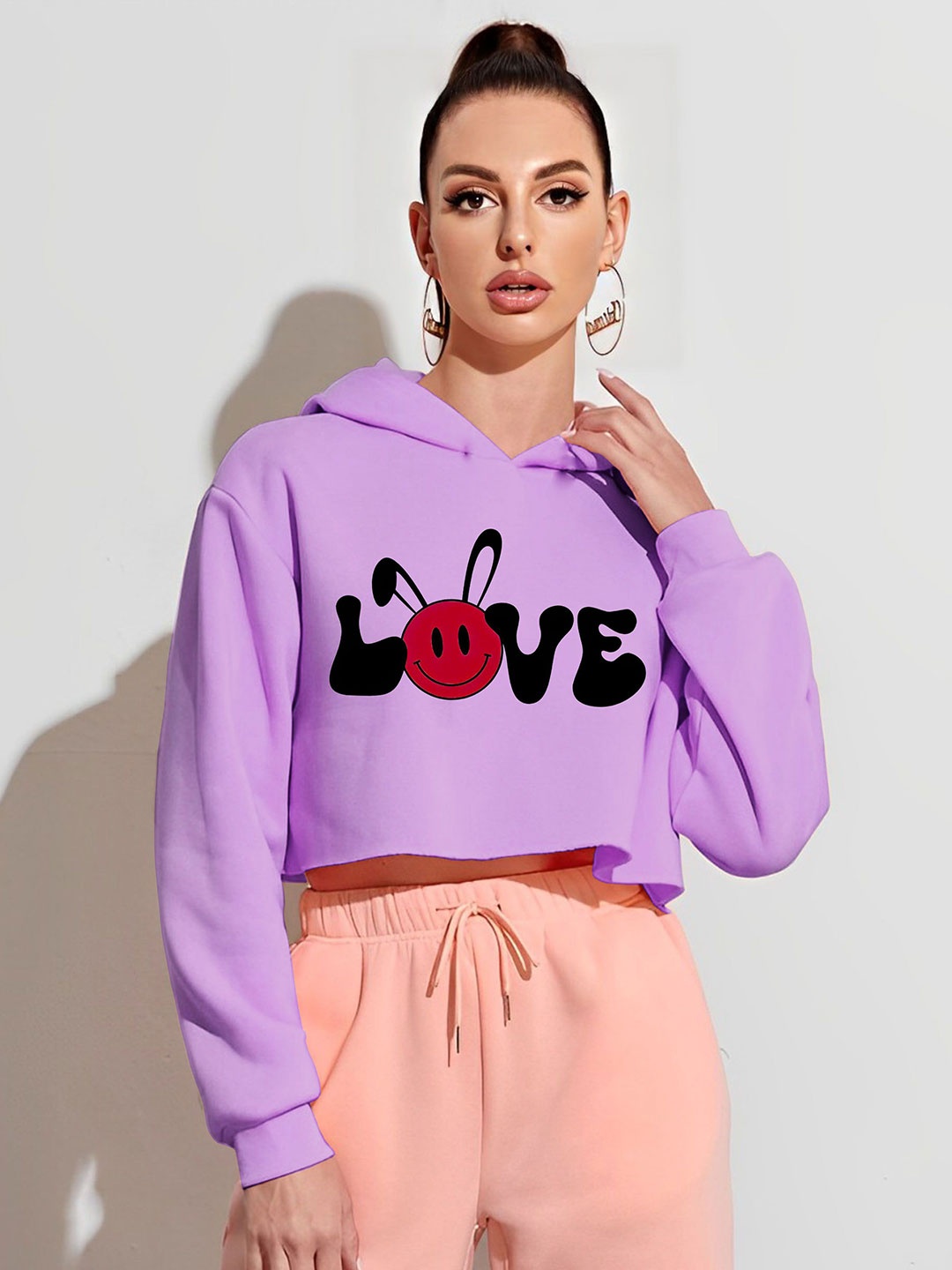 

kintu parantu Women Typography Printed Hooded Crop Sweatshirt, Lavender
