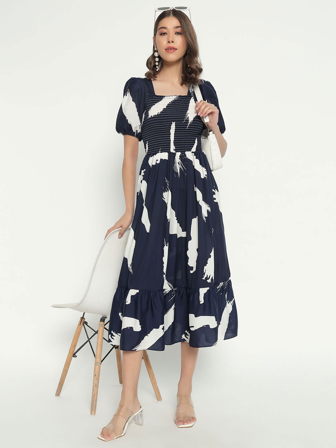 

Raiyani Enterprise Women Printed Puff Sleeves Fit & Flare Dress, Navy blue