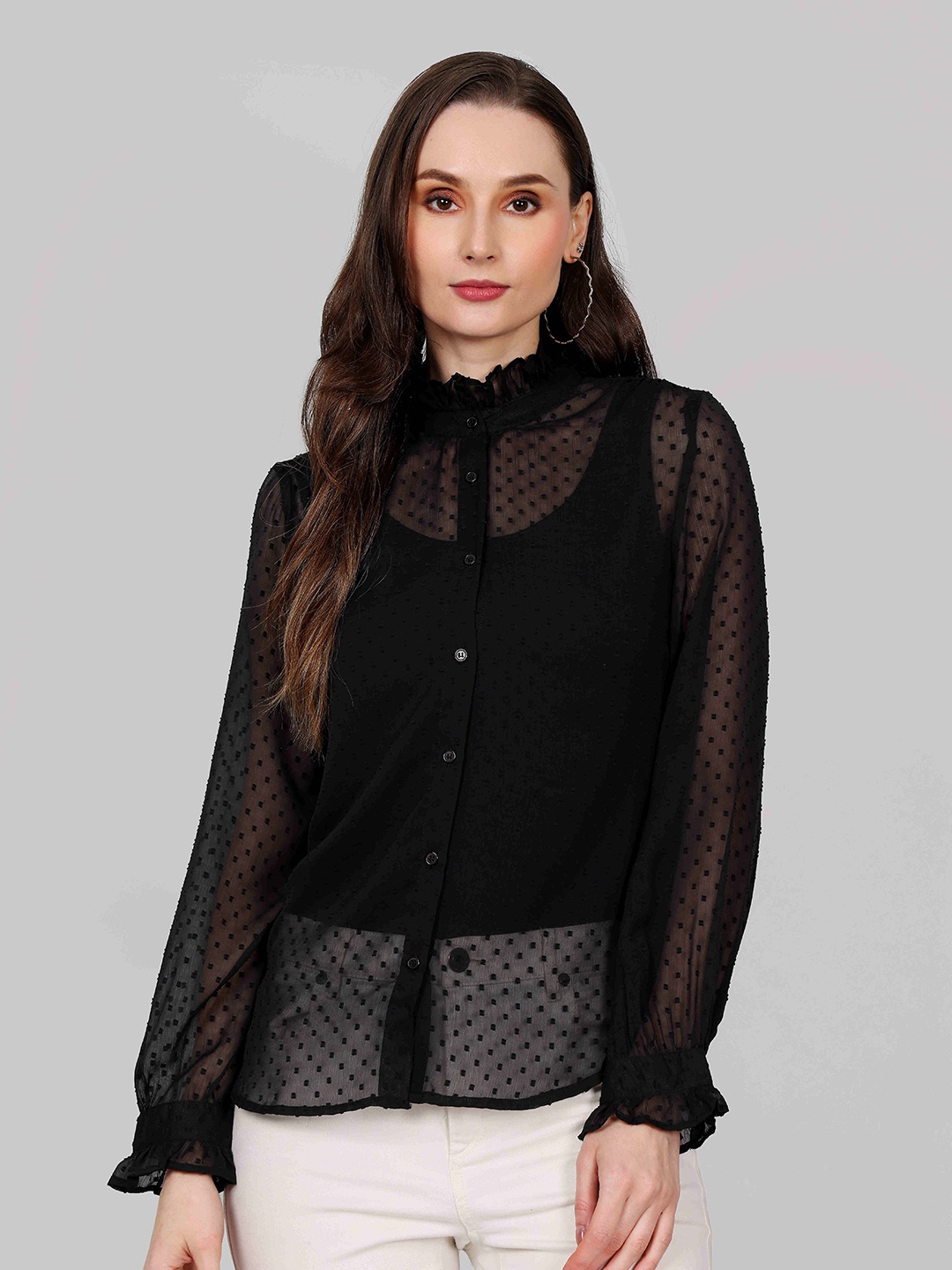 

MINGLAY Chiffon Shirt Style Top, Black