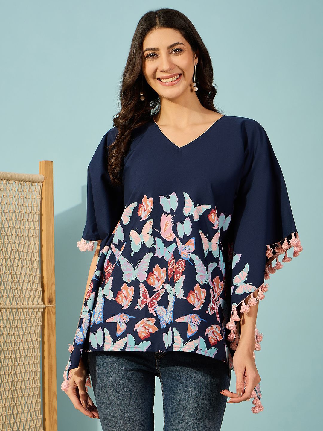 

The Kaftan Company Conversational Printed Cotton Kaftan Top, Navy blue