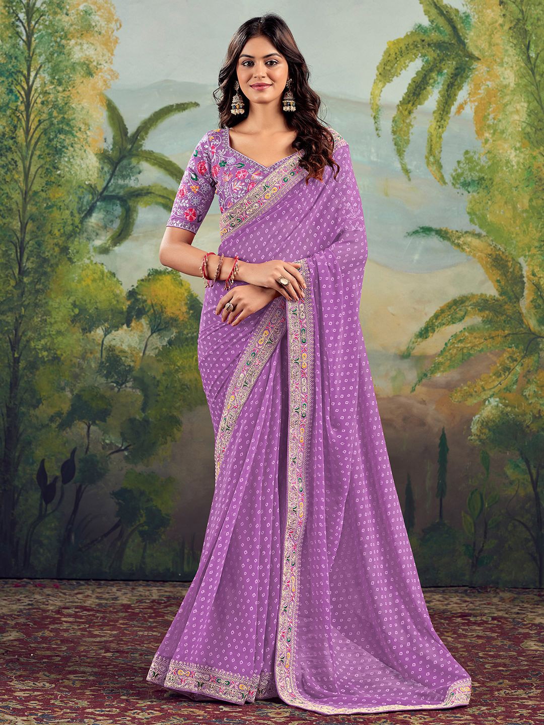 

Satrani Bandhani Printed Embroidered Pure Georgette Saree, Lavender