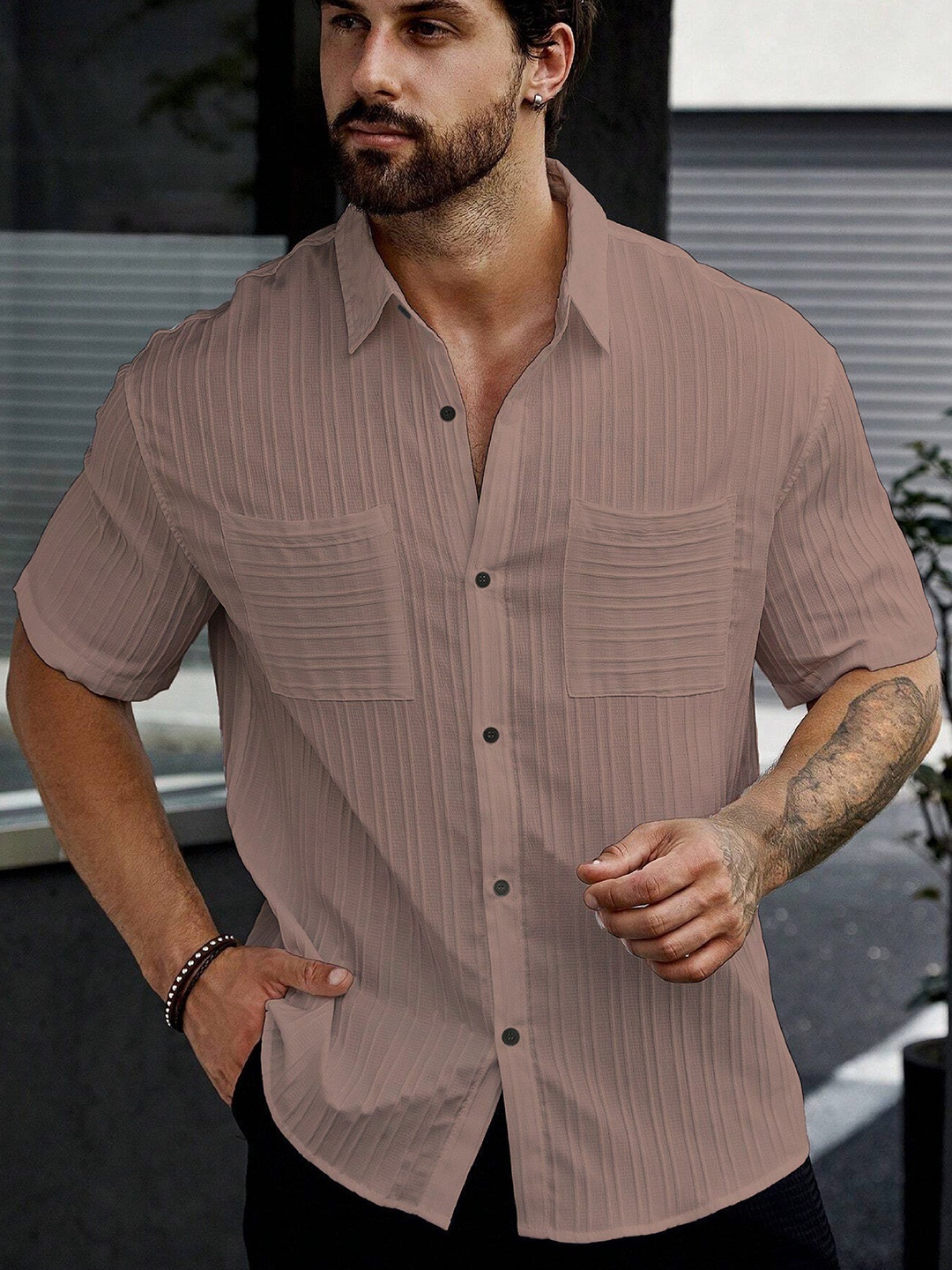 

MARMIC FAB Men Comfort Spread Collar Textured Casual Shirt, Beige