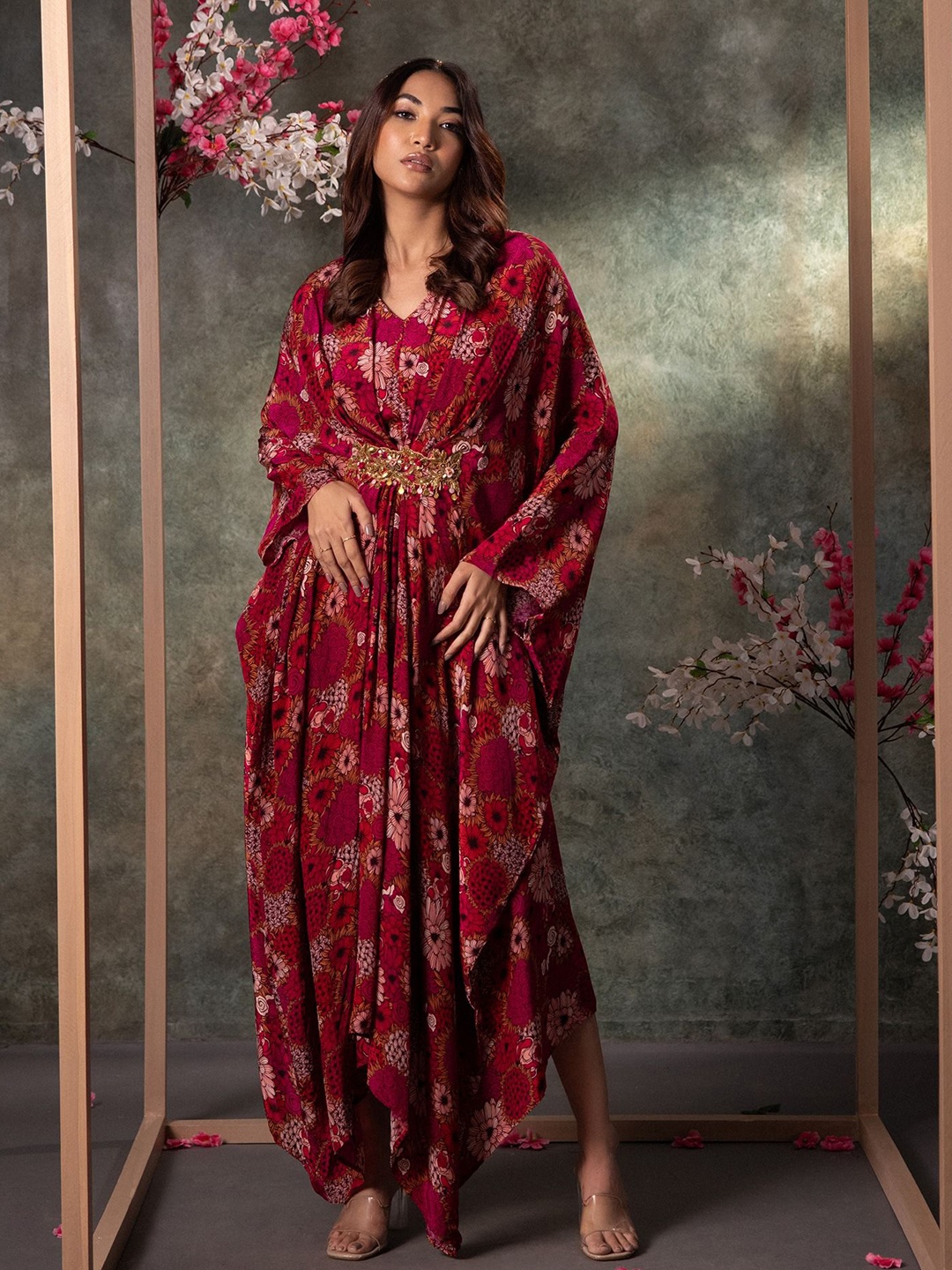 

Mehak Murpana Women Floral Printed Cotton Kaftan Maxi Dress, Pink