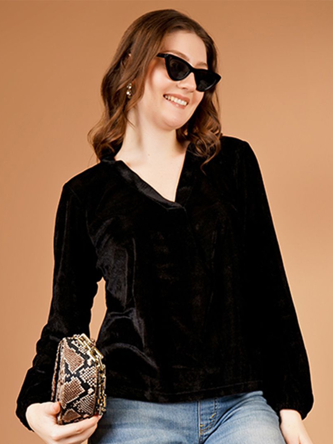 

UNLOKALE Women Velvet V-Neck Blouson Top, Black