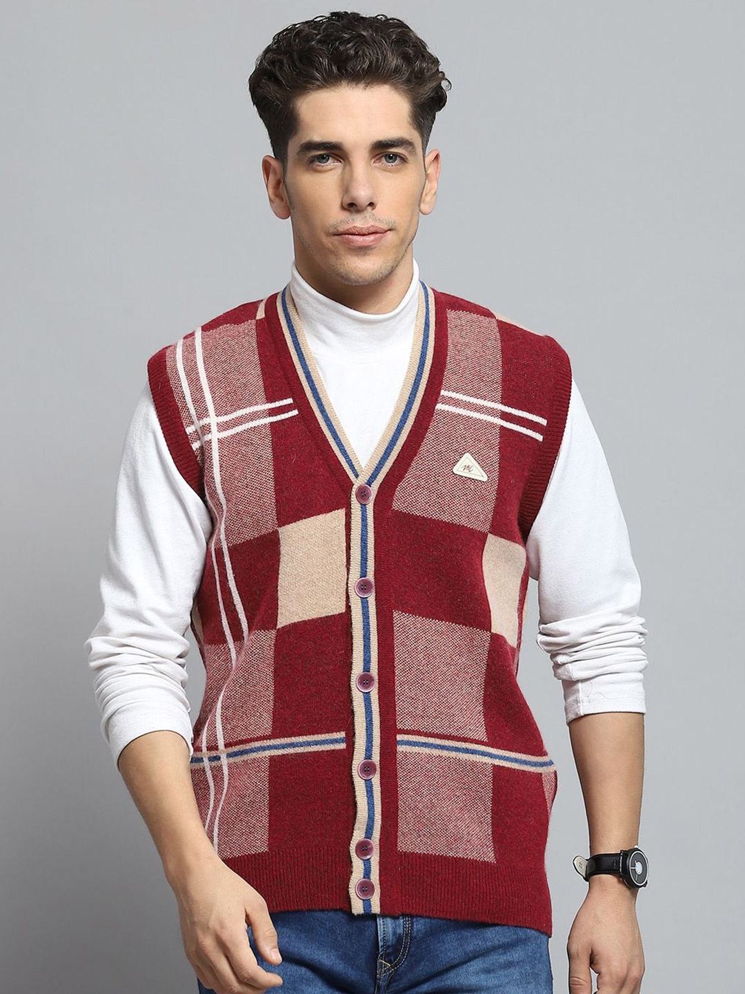 

Monte Carlo Men Checked Woollen Cardigan, Maroon