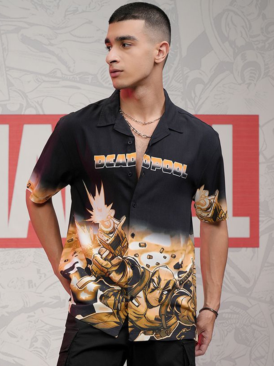 

HIGHLANDER Marvel Men Deadpool Printed Cuban Collar Viscose Relaxed Shirt, Black