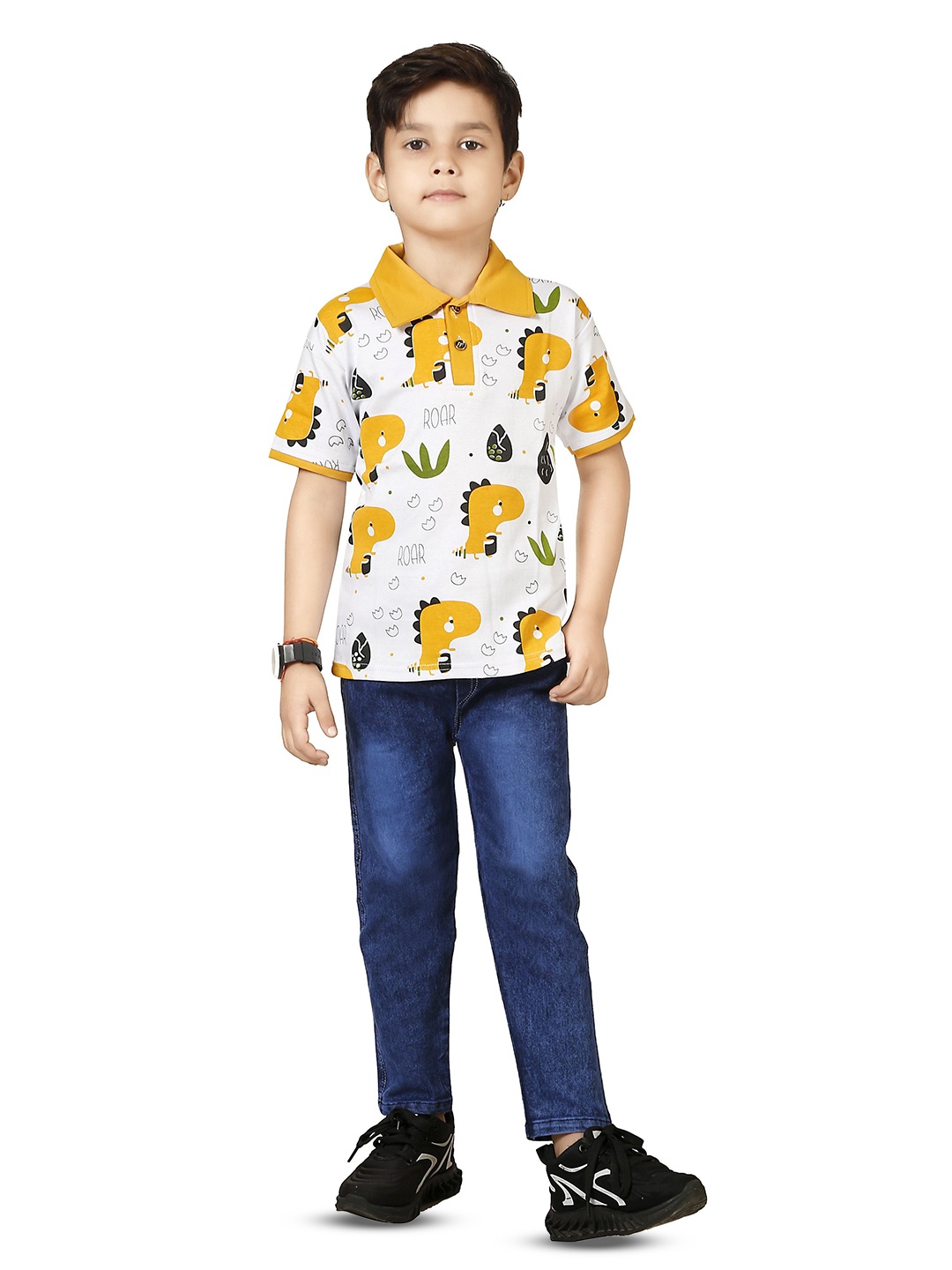 

LUCII Boys Printed Shirt Collar T-shirt With Jeans, Yellow