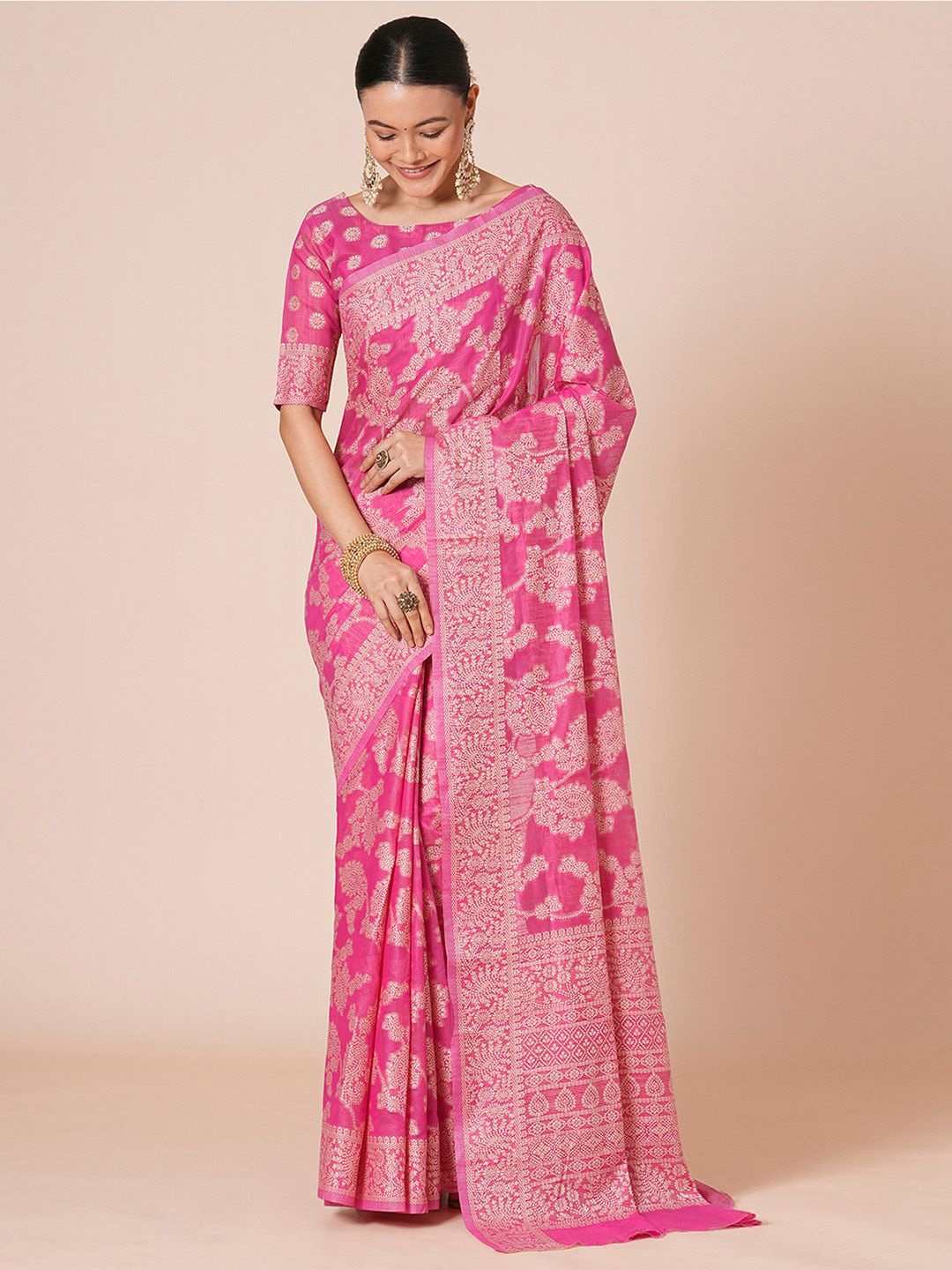 

House of Pataudi Woven Design Muga Saree With Blouse Piece, Pink