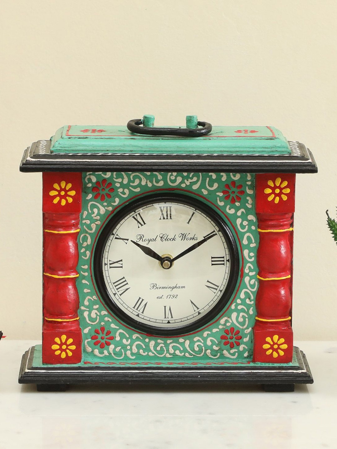 

vedas Aki Green & Red Printed Square Shaped Silent Non Ticking Small Clock