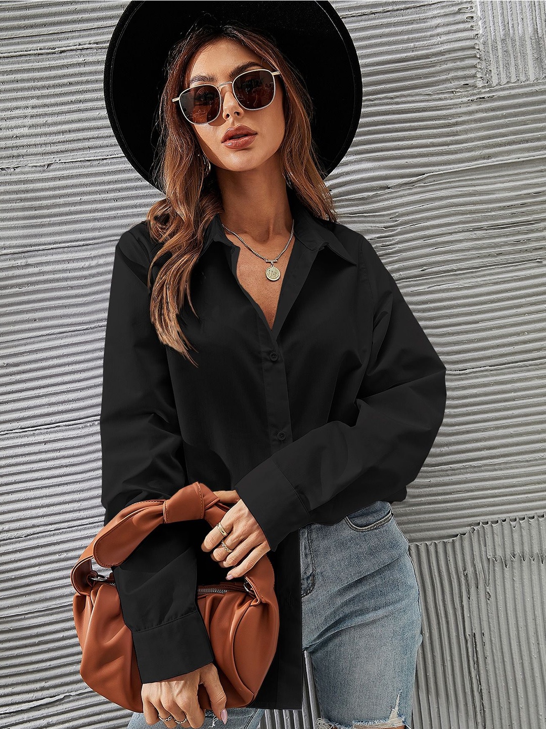 

WHY SO FAB Women Comfort Oversized Fit Spread Collar Solid Cotton Casual Shirt, Black