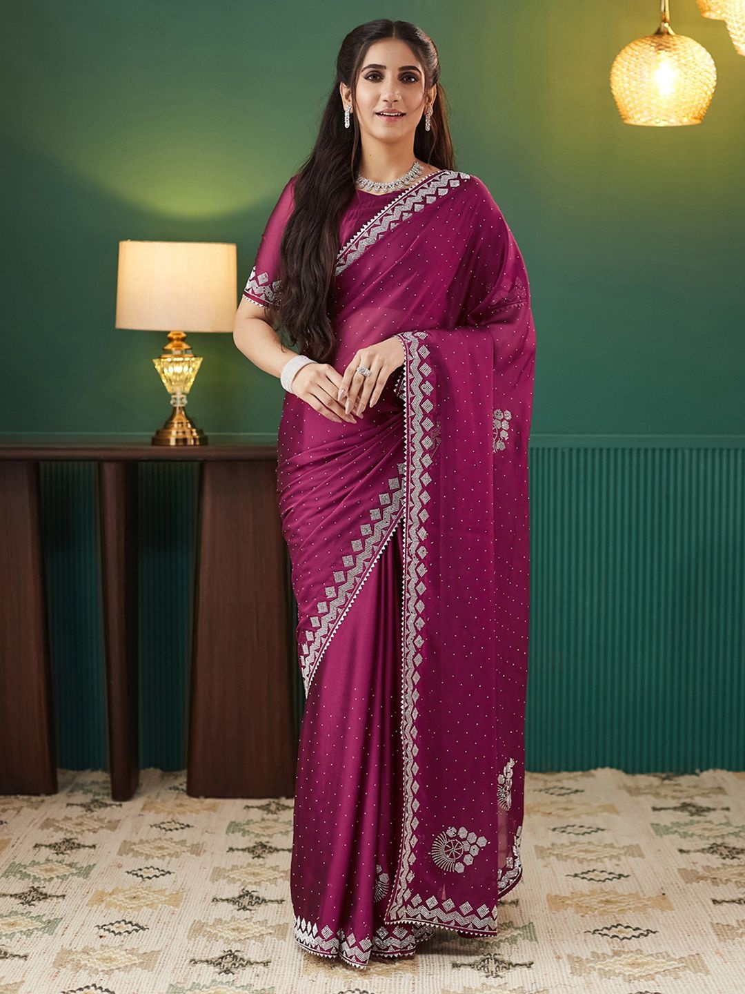 

Satrani Embellished Beads and Stones Pure Georgette Saree, Pink