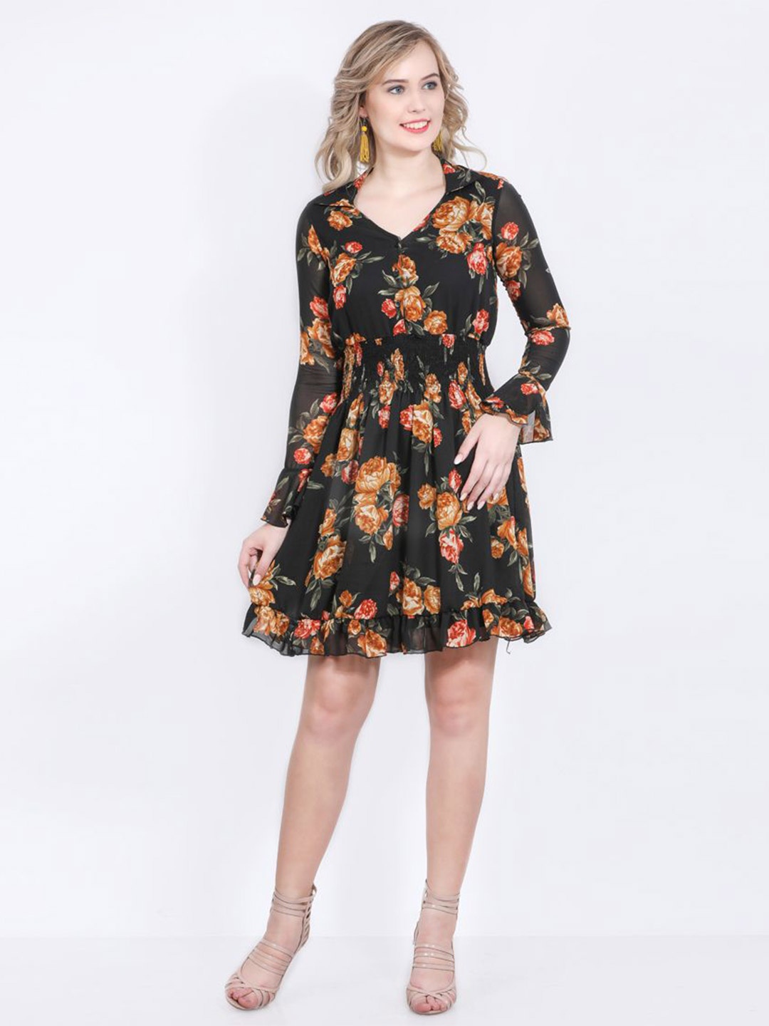

DELIS Women Floral Printed Georgette Fit & Flare Dress, Black