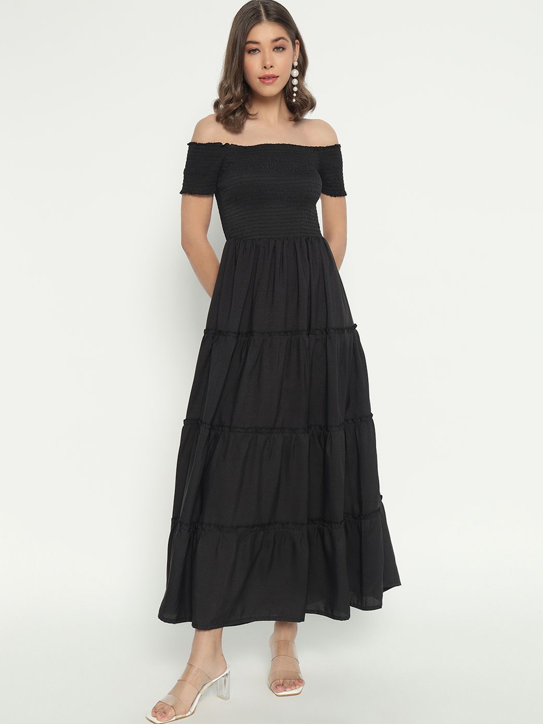 

Raiyani Enterprise Off-Shoulder Crepe Fit & Flare Maxi Dress, Black